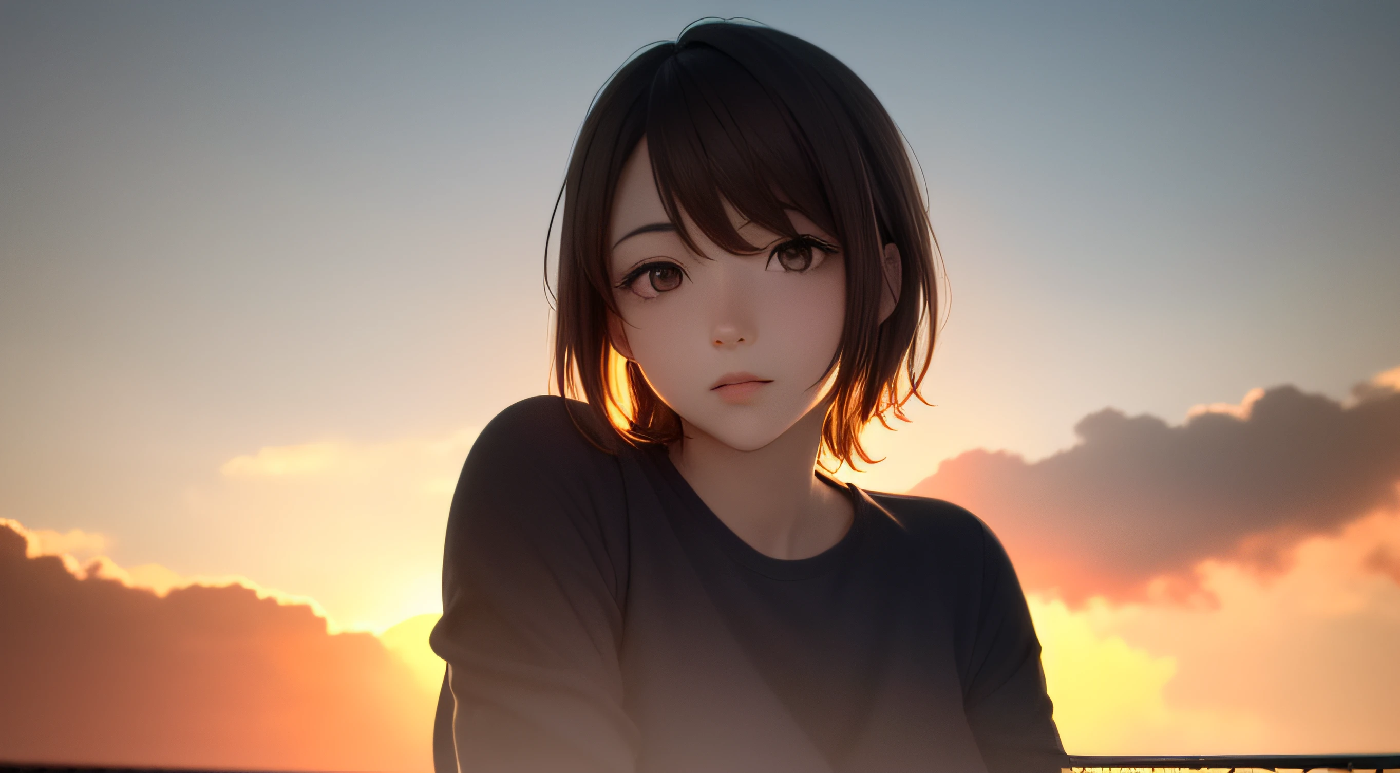 Very detailed and accurate anime style illustration, very cute young woman's face, brown short hair, perfectly round gray eyes, pink shirt, background is a fantastic huge cage overlapping clouds dyed in the setting sun, intense red color, dramatic backlight, Makoto Shinkai anime style.