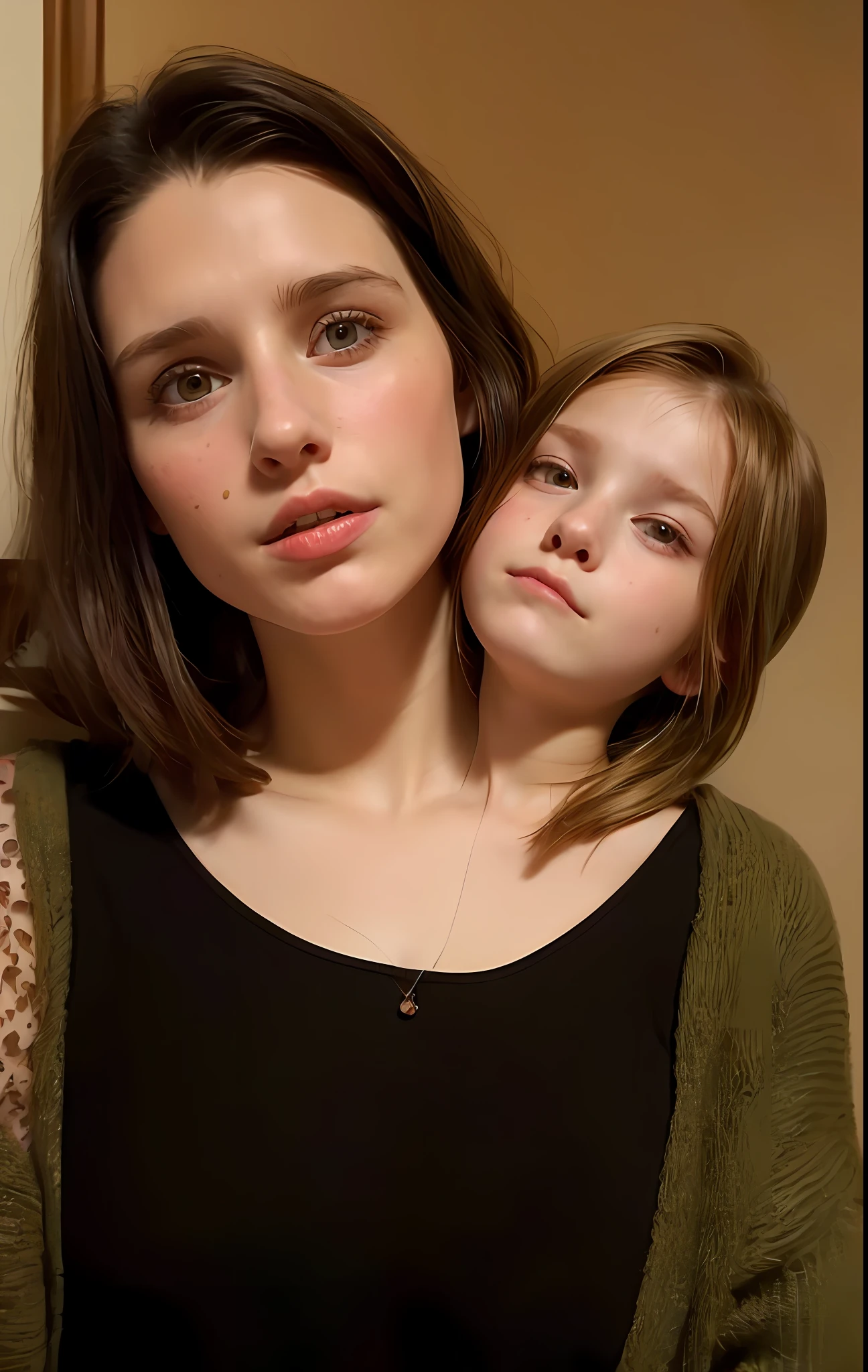 2heads, mom and daughter, (1head:1.5 child), (1head:1.5 young adult) (one torso:1.5), Irish, white girls, age difference, (two heads on one body:1.4), (first head uncomfortable:1.5), (second head unhappy:1.5) conjoined twins, heads side by side, one torso, young, realistic faces, lifelike faces, uncomfortable, barefoot