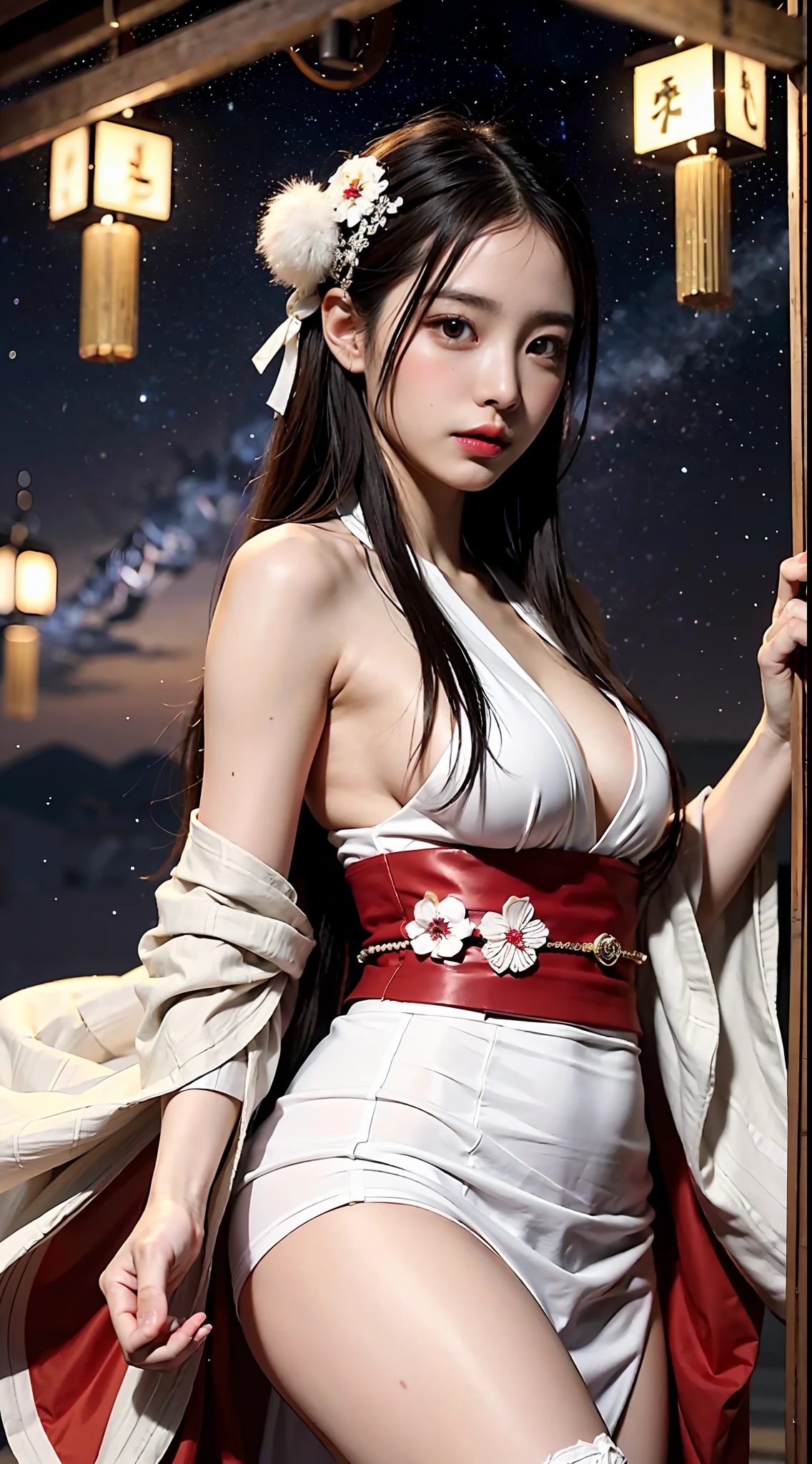 Masterpiece, 1 beautiful girl, detailed eyes, swollen eyes, top quality, super high res, (Reality: 1.4), cinematic lighting, Japanese, Asian beauty, Korean, very beautiful, beautiful skin, slender, body facing forward, (super realistic), (high res), (8K), (very detailed), ( best illustration), (beautifully detailed eyes), (super detailed), (wallpaper), detailed face, bright lighting, professional lighting, looking at viewer, facing straight ahead, Japanese princess, long hair, pureerosfaceace_v1, Orihime in Japanese Tanabata festival, Milky Way, countless stars floating in twinkling sky, night , galaxy, kimono, kimono(red,white), full body,