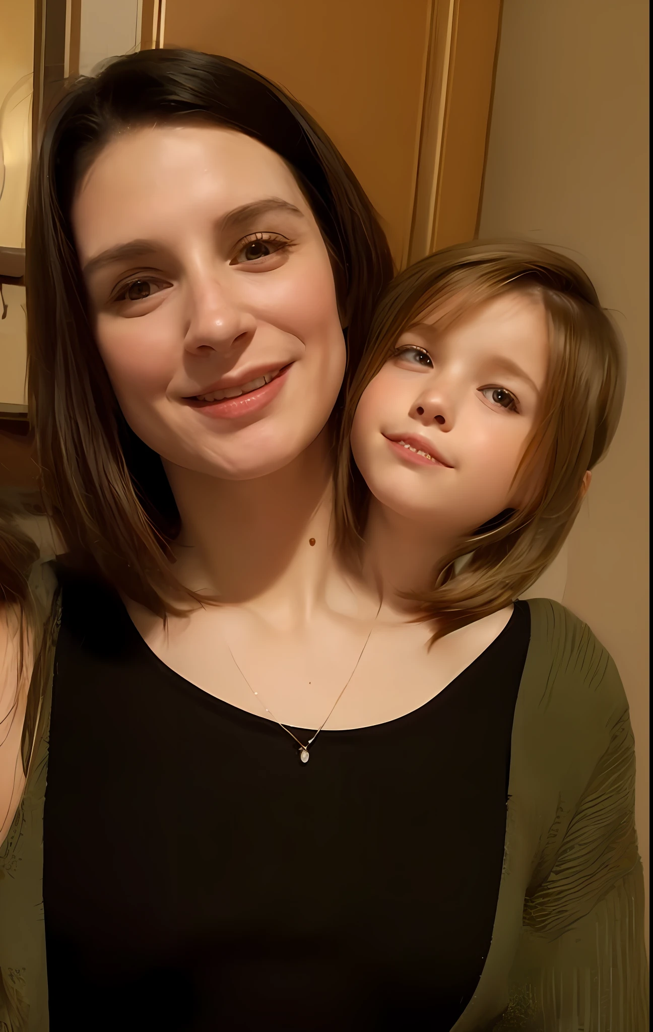 2heads, mom and daughter, (1head:1.5 child), (1head:1.5 young adult) (one torso:1.5), Irish, white girls, age difference, (two heads on one body:1.4), (first head uncomfortable:1.5), (second head unhappy:1.5) conjoined twins, heads side by side, one torso, young, realistic faces, lifelike faces, uncomfortable, barefoot