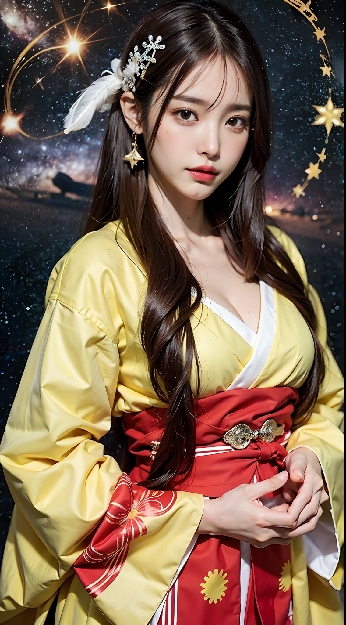 Masterpiece, 1 beautiful girl, detailed eyes, swollen eyes, top quality, super high res, (Reality: 1.4), cinematic lighting, Japanese, Asian beauty, Korean, very beautiful, beautiful skin, slender, body facing forward, (super realistic), (high res), (8K), (very detailed), ( best illustration), (beautifully detailed eyes), (super detailed), (wallpaper), detailed face, bright lighting, professional lighting, looking at viewer, facing straight ahead, Japanese princess, long hair, pureerosfaceace_v1, Orihime in Japanese Tanabata festival, Milky Way, countless stars floating in twinkling sky, night Japanese, galaxy, Japanese kimono (kimono, red, white), full body, feather hair ornament, accessories,