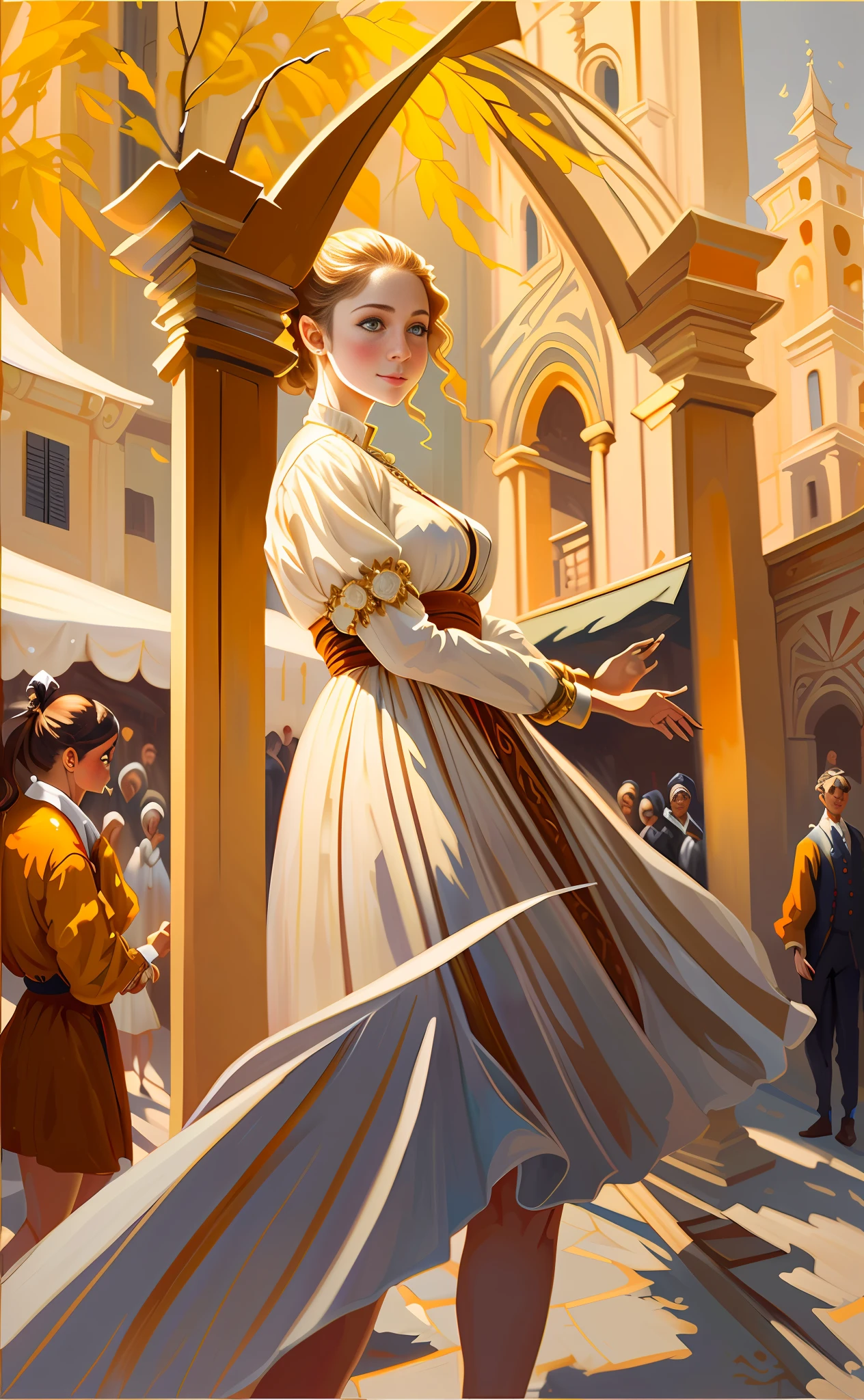 Model shooting style, (extremely detailed CG Unity 8k wallpaper), full-shot body photo of the most beautiful artwork in the world, stunning beautiful photo realistic available, super realistic super detailed photo, a beautiful girl as a female dancer entering the Loggia dei Lanzi of Florence,complex dress, banquet, crowd, [slight smile], (Sculpture of Hercules background), (princess eyes, shining pupils), detailed symmetrical beautiful hazel eyes, detailed gorgeous face, highly detailed, Vibrant, professional majestic oil painting by Ed Blinkey, Atey Ghailan, Studio Ghibli, Jeremy Mann, Greg Manchess, Antonio Moro, ArtStation Trends, CGSociety Trends, Complex, High Detail, Sharp Focus, Dramatic, Realistic Painting Art, by Midjourney and Greg Written by Rutkowski