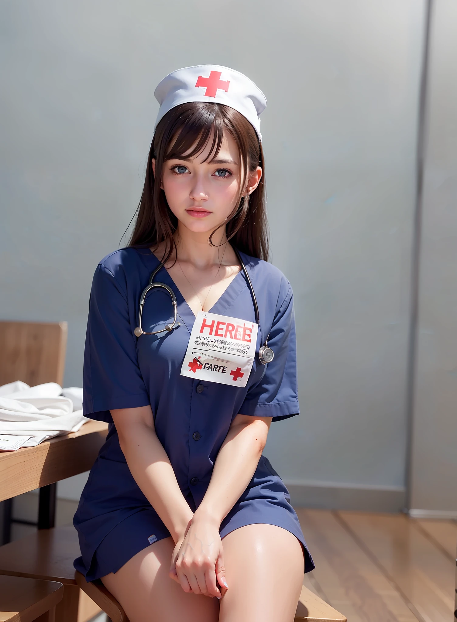 (RAW photo, best quality), (realistic, photo-realistic:1.2), a portrait photo, 1girl, 20 yo, alone, sitting in a cafe, indoor, in the night, warm indoor lighting, smile, (high detailed skin:1.4), puffy eyes, gorgeous hair, air bangs, brown black hair, (nurse uniform:1.8), soft lighting, high quality, skin spots,