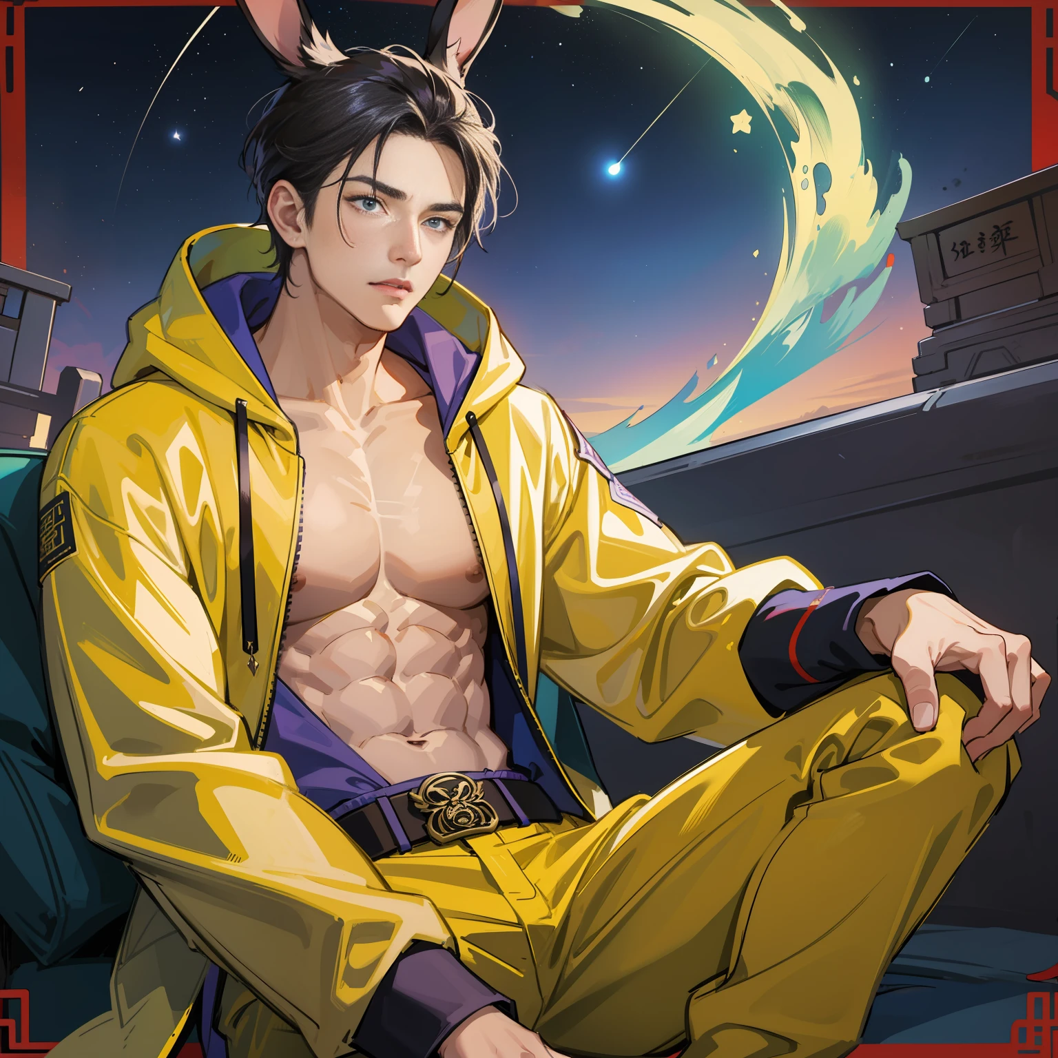 Muscular boy, masculine face, wild, masculine, valiant, handsome, rugged, rabbit-eared hoodie, modern Chinese traditional costume, fusion of ancient Chinese and modern, king of rappers, pectoral muscles, abs, cool atmosphere, sitting, solid posture, fashionista, stylish, colorful, individual, luxurious, Cantonese, singing, dancing, sky with stars shining like dreams, Quiet night book, starry sky blooming brightly, whispering dream and confusion border, Cantonese pride, yellow-green jacket, purple pants