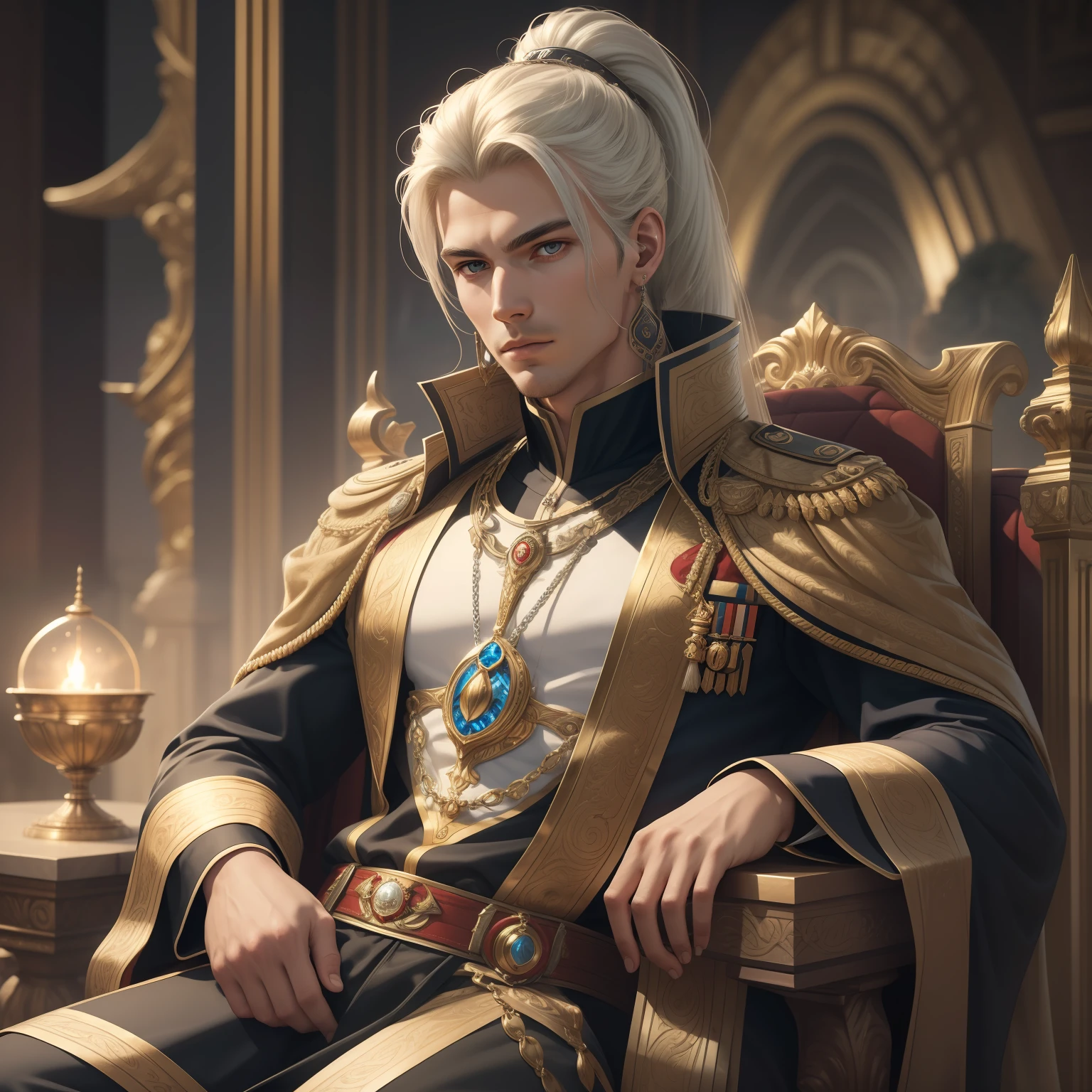 (masterpiece) 8K resolution, handsome young man sitting on a throne, emperor, silver ponytail, red eyes, finely crafted earrings in the ears, model style, fantasy style,