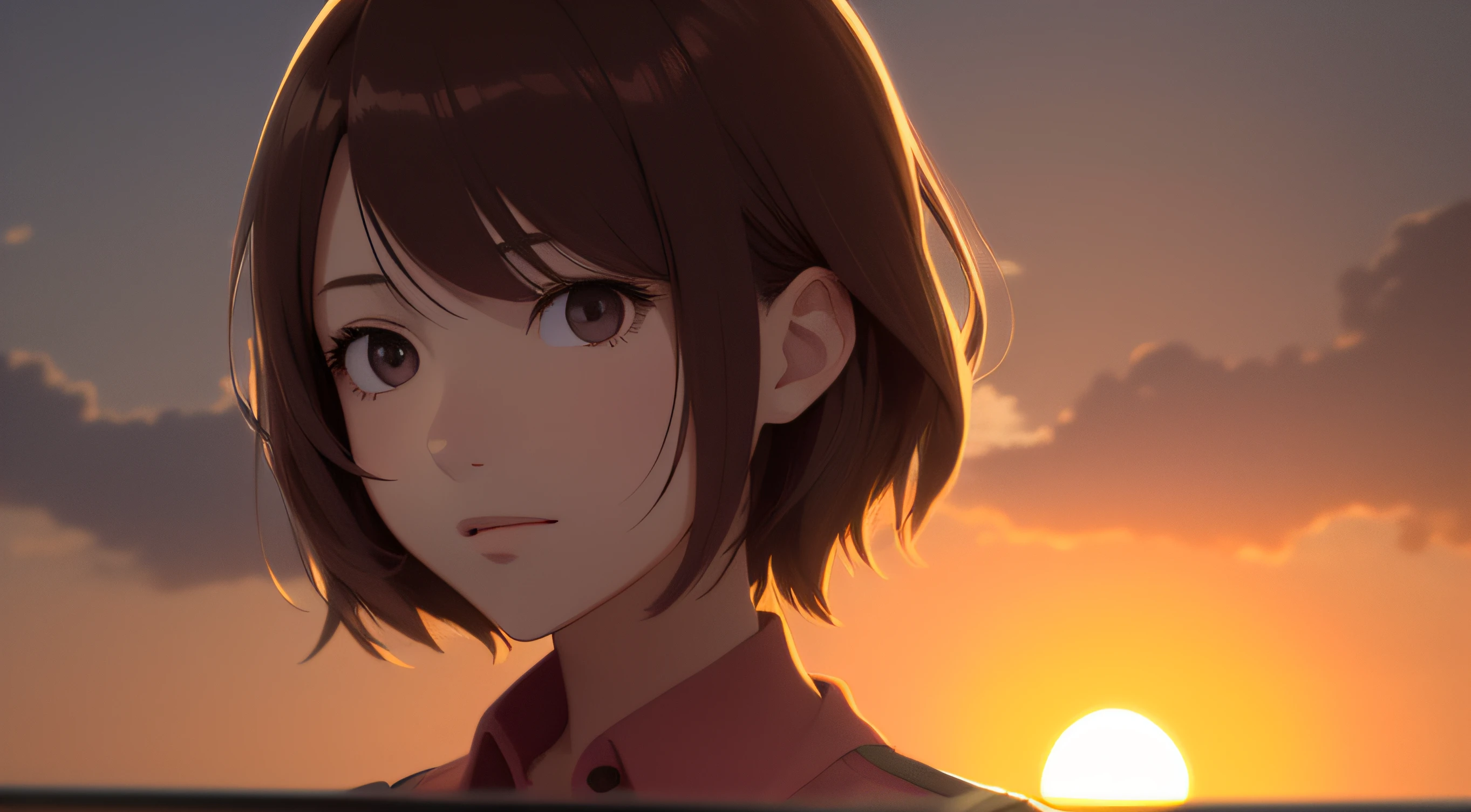 Very detailed and accurate anime style illustration, very cute young woman's face, brown short hair, perfectly round gray eyes, pink shirt, background is a fantastic huge cage overlapping clouds dyed in the setting sun, intense red color, dramatic backlight, Makoto Shinkai anime style.