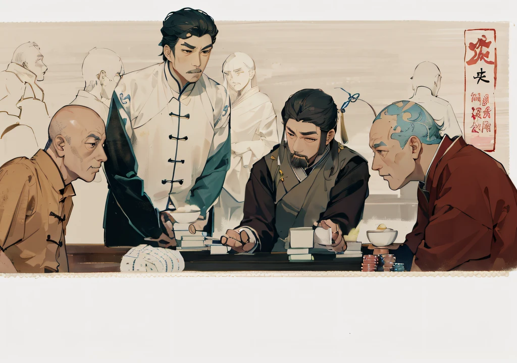 A group of people sitting around a table Alafard painting, gambling scene, chips, inspired by Cui Zizhong, Chinese man in prison, Chinese brush illustration, pen and ink illustration, pen and ink illustration, inspired by Chen Hongshou, by Shen Zhezi, inspired by Gu Hongzhong, vignette illustration
