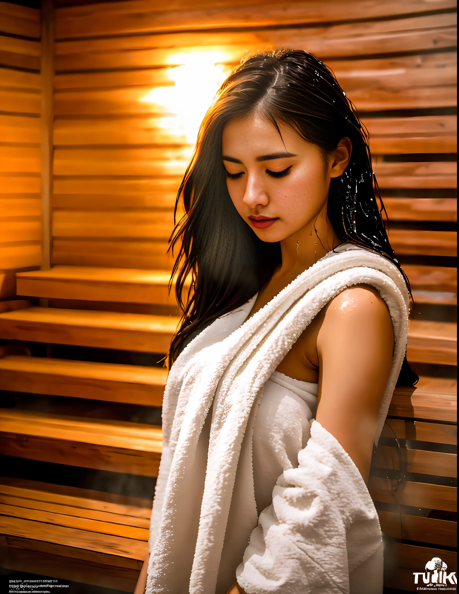 RAW Photos, One Woman, Upper Body Focus, Towel Tube Top, Big Breasts, Small Drops of Sweat on Body, Wet Hair, Close Eyes, Sauna, (High Detail Skin:1.2), 8K UHD, DSLR, Soft Lighting, High Quality, Film Grain, Fujifilm XT3