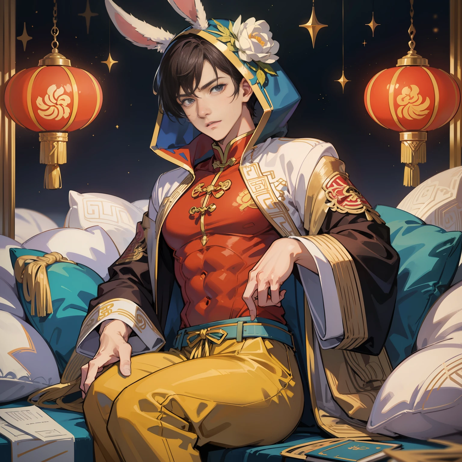 Muscular boy, masculine face, wild, masculine, valiant, handsome, rugged, rabbit-eared hoodie, modern Chinese traditional costume, fusion of ancient Chinese and modern, king of rappers, pectoral muscles, abs, cool atmosphere, sitting, solid posture, fashionista, stylish, colorful, individual, luxurious, Cantonese, singing, dancing, sky with stars shining like dreams, Book of quiet nights, starry sky blooming brightly, border between whispering dreams and confusion, Cantonese pride, yellow-green pants, purple tops