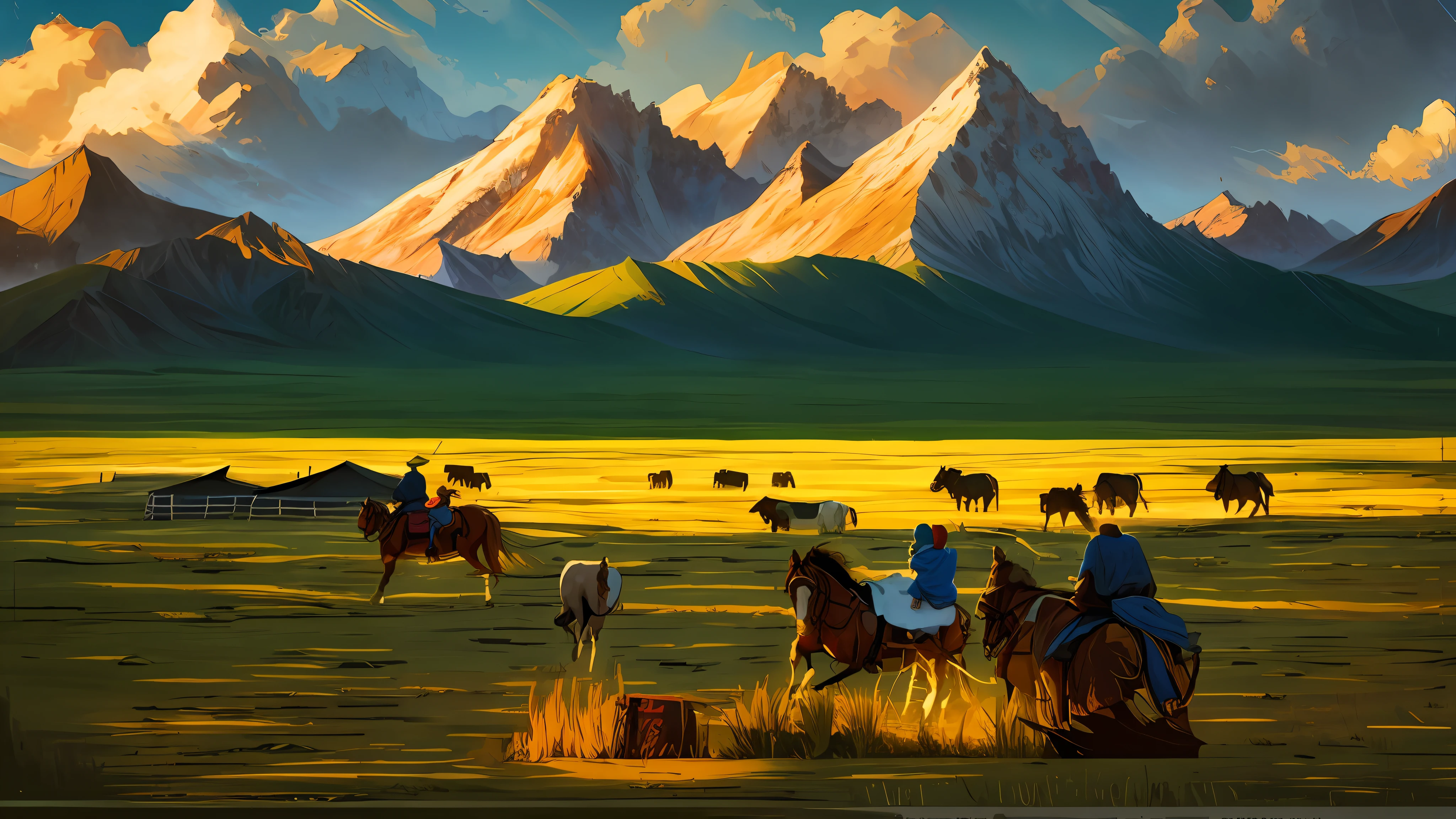 horses and riders are running in a field with mountains in the background, Author:Alexander Mann, in the steppe, cinematic silk road lanscape, sci - fi mongolian village, disco elysium concept art, inspired by Yuri Ivanovich Pimenov, rpg scene, concept art scene, illustration matte painting, mongolia, disco elysium art, disco elysium artwork,Screen fusion,Unified style,Unify the light,Green meadow ,Mongolian family,Mongolian costume,Anaglyph,Realisticstyle,modernistic,romanticism,Expressionism,Verism,light and shade contrast,cinematic Lighting,super high definition,High Details,8k,best qality,The focus is on the people