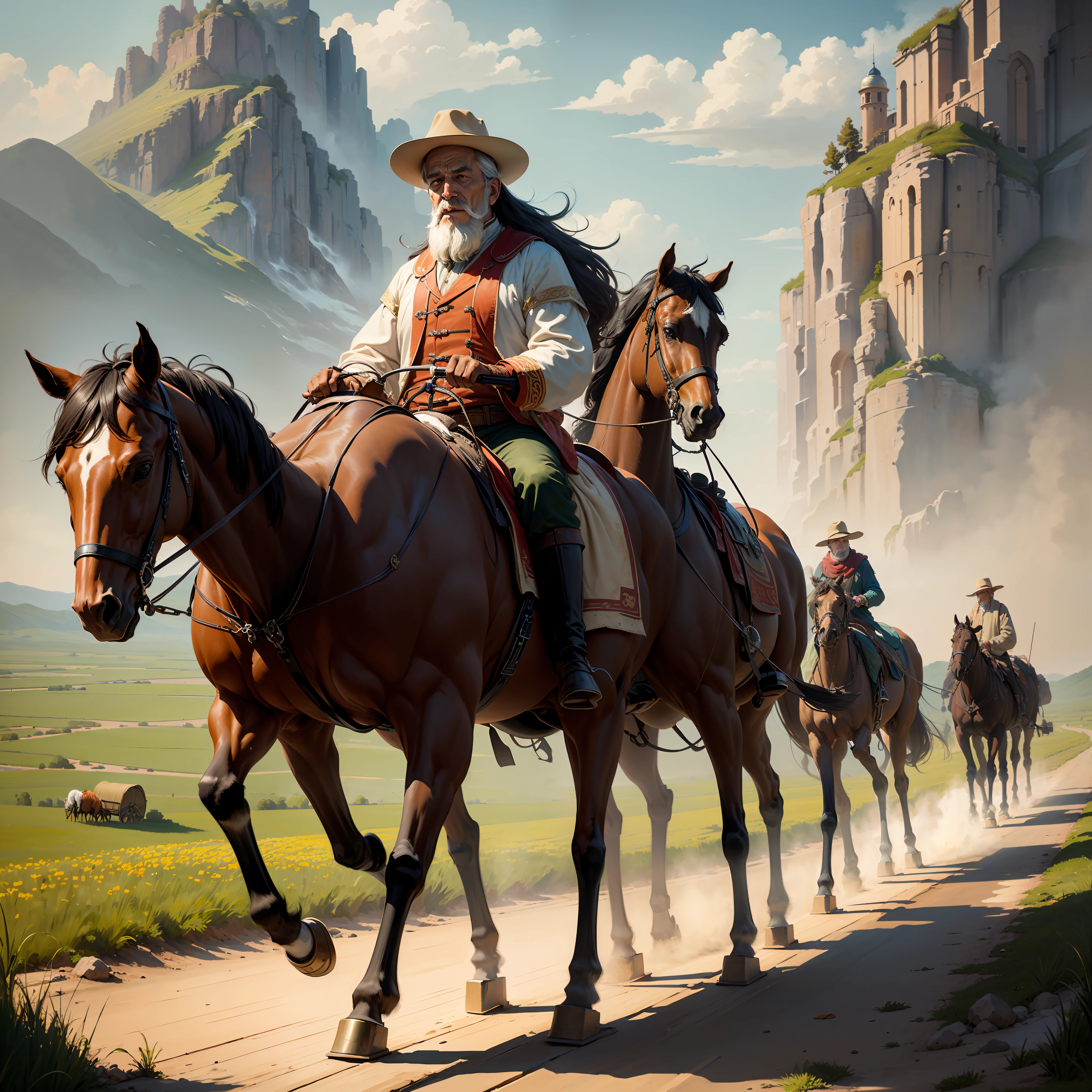 Grand scene, steppe, vista, depth, sunny, wide, flat, Chinese, 50s style, carriage convoy, horse-drawn wooden cart, numerous, traveling from afar, cart pulling packages, medicines, herders, steppe style, film texture, HD, realism, photos, realism, peasants, Repin oil painting texture, "Fiberman on the Volga", --auto