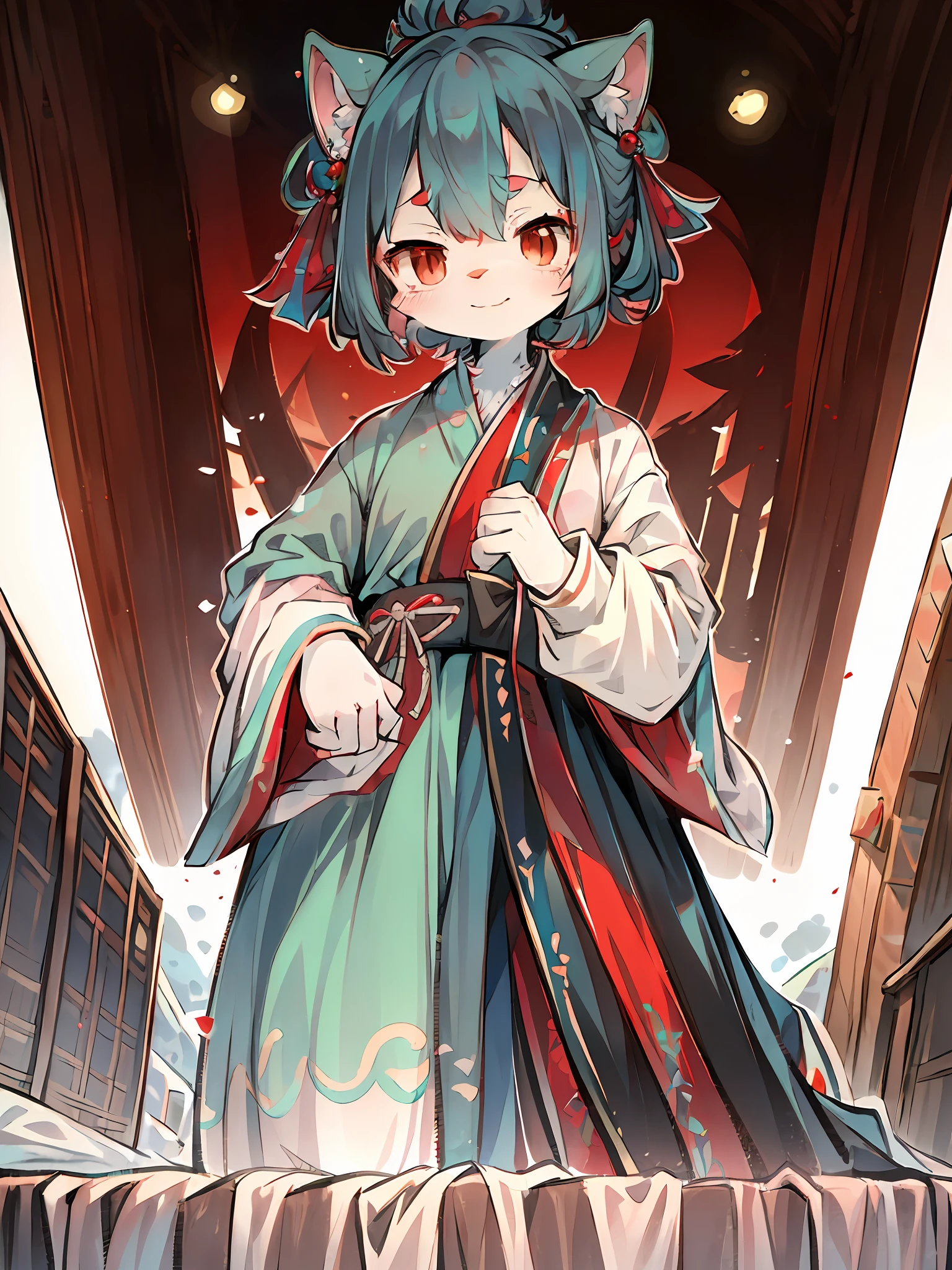 (White fur, detailed fur, red eyes, light blue hair), cute, standing, master masterpiece, high resolution, 8k, detailed background, high quality, male, female (by Dagasi: 1.1), solo, hanfu, girl