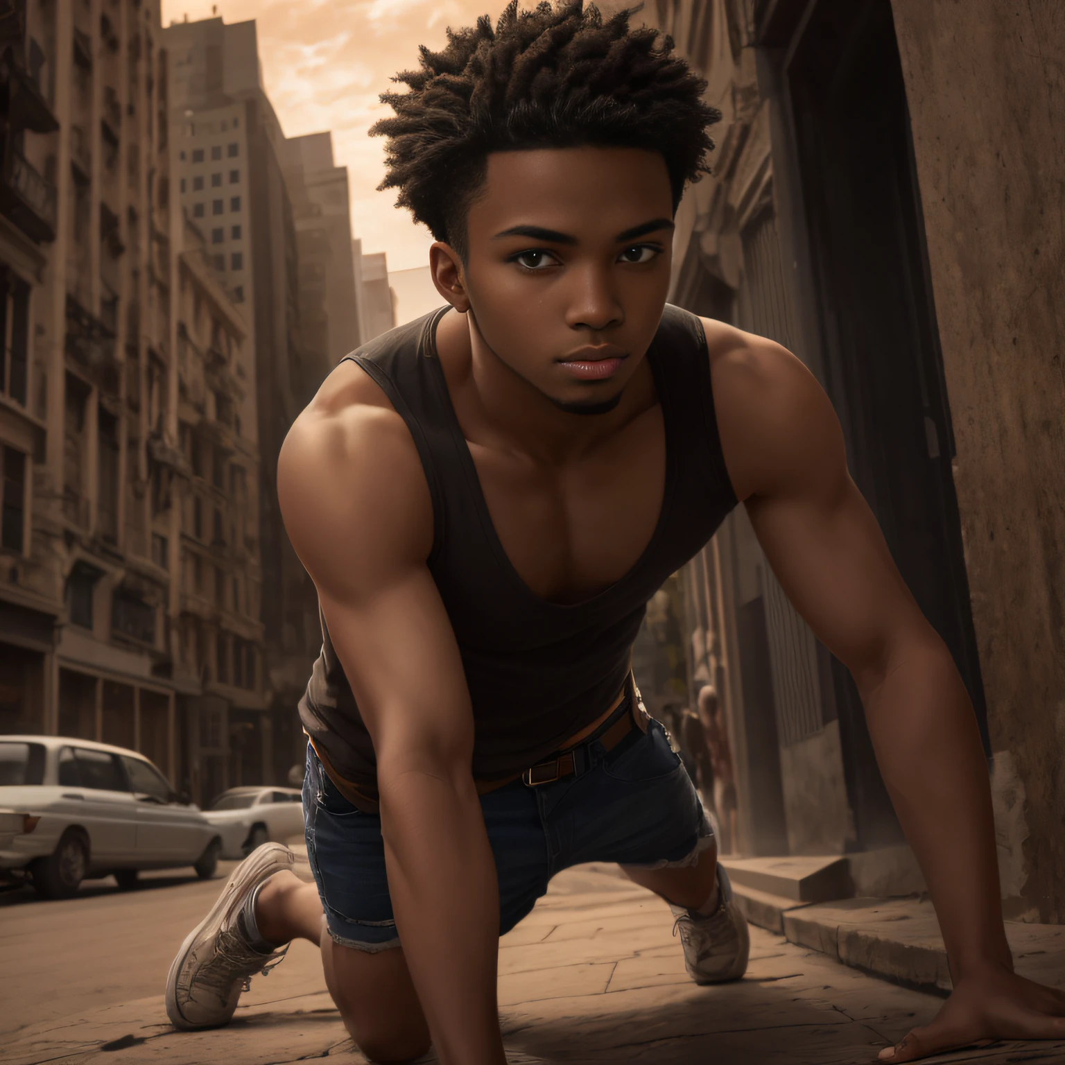 young guy, (((bottom))), lively city, foreshortening, (seductive pose), looking at the viewer, insane, blackcutoffs, (eye contact), african, photorealistic, masterpiece, realistic, high contrast, hyper-detail, best quality, ultra-high resolution, photorealistic, high resolution, detailed, raw photo,