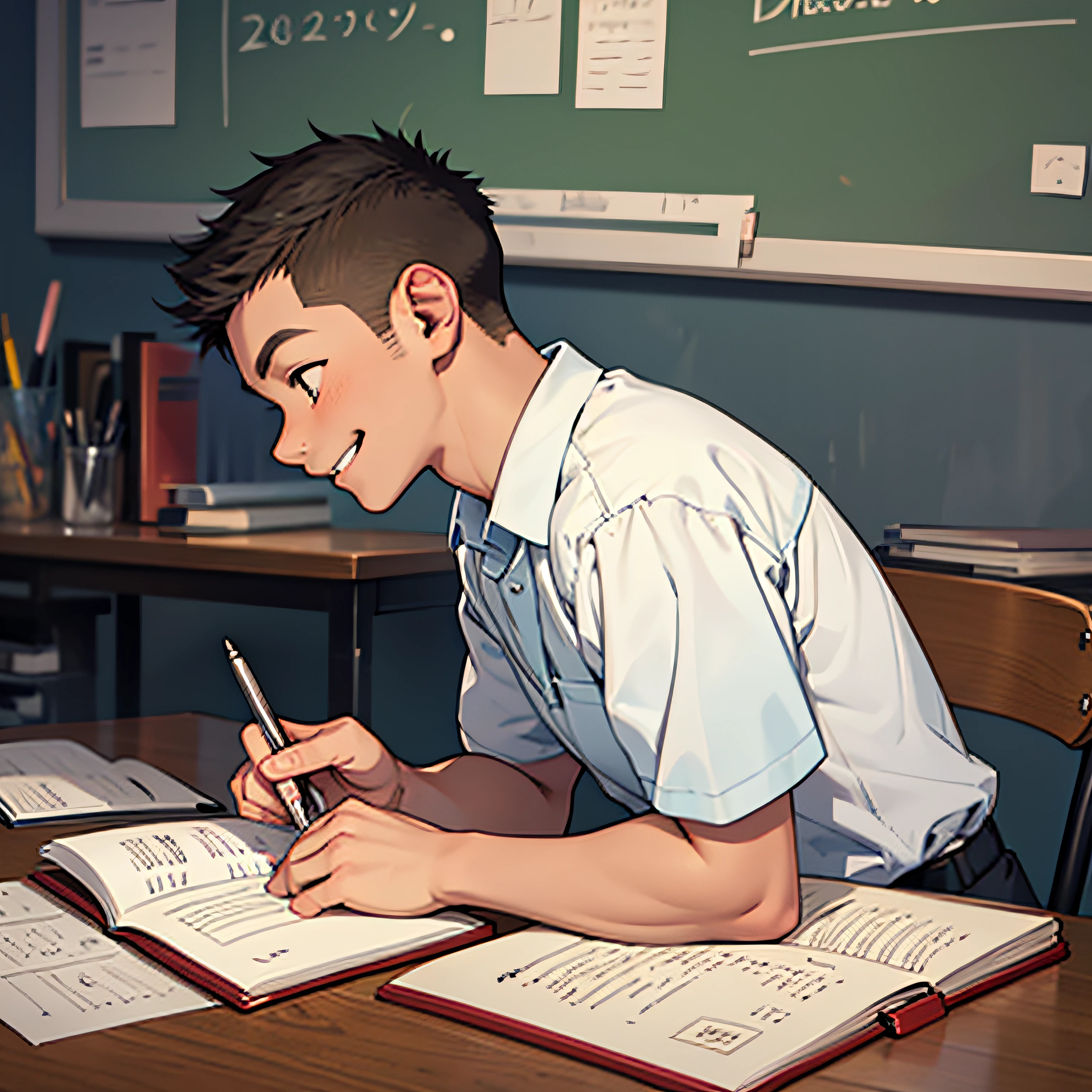 a happy smiling american teenager boy writing in a notebook during a class - cartoon style - from side angle