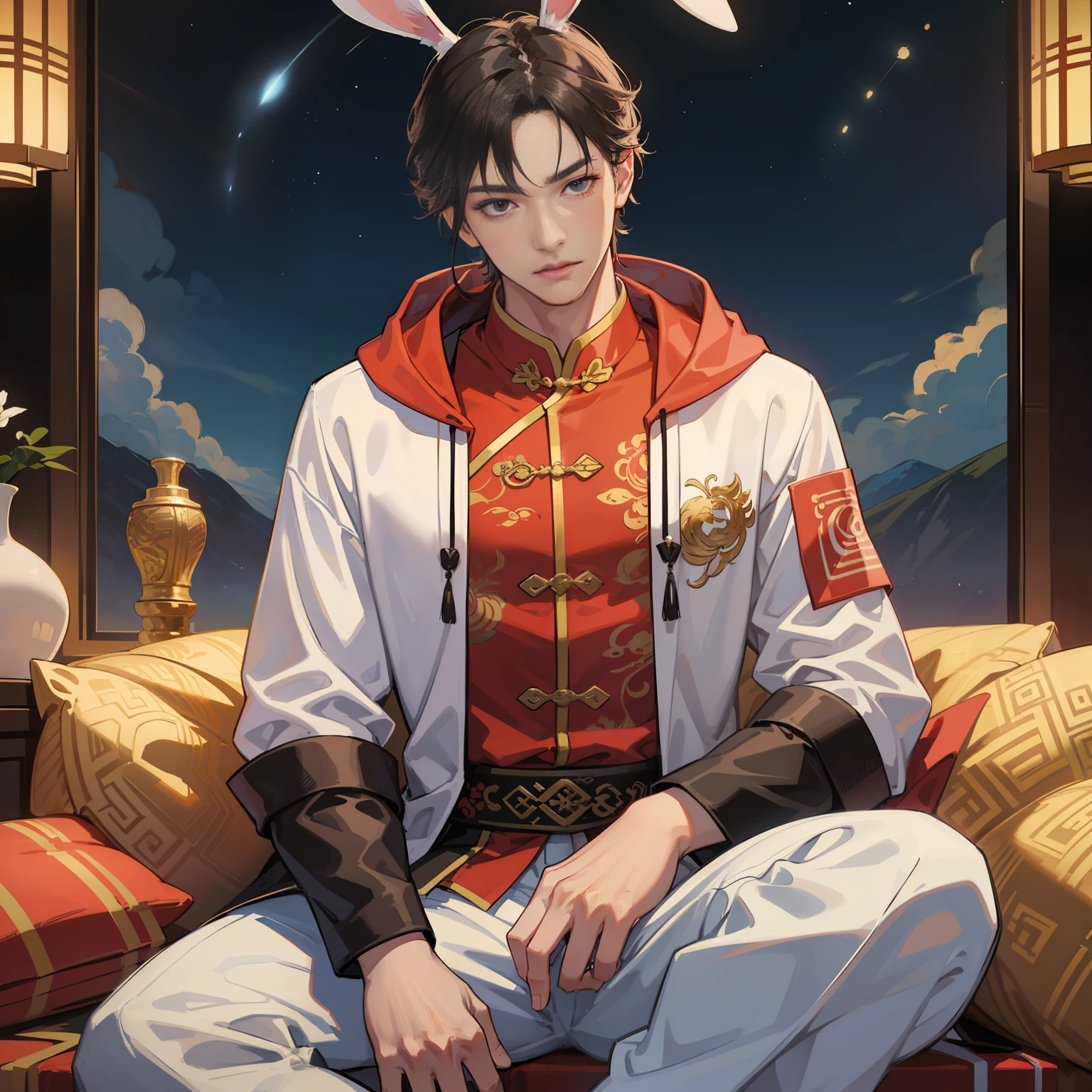 Muscular boy, masculine face, wild, masculine, valiant, handsome, rugged, rabbit-eared hoodie, modern Chinese traditional costume, fusion of ancient Chinese and modern, king of rappers, pectoral muscles, abs, cool atmosphere, sitting, solid posture, fashionista, stylish, colorful, individual, luxurious, Cantonese, singing, dancing, sky with stars shining like dreams, Book of quiet nights, starry sky blooming brightly, whispering dreams and the border of confusion, Cantonese pride, white clothes