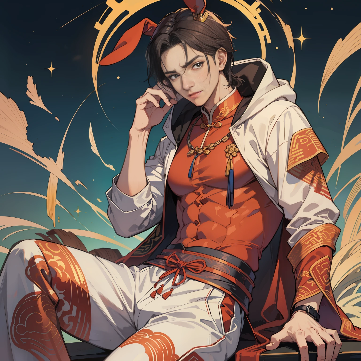 Muscular boy, masculine face, wild, masculine, valiant, handsome, rugged, rabbit-eared hoodie, modern Chinese traditional costume, fusion of ancient Chinese and modern, king of rappers, pectoral muscles, abs, cool atmosphere, sitting, solid posture, fashionista, stylish, colorful, individual, luxurious, Cantonese, singing, dancing, sky with stars shining like dreams, Book of quiet nights, starry sky blooming brightly, whispering dreams and the border of confusion, Cantonese pride, white clothes