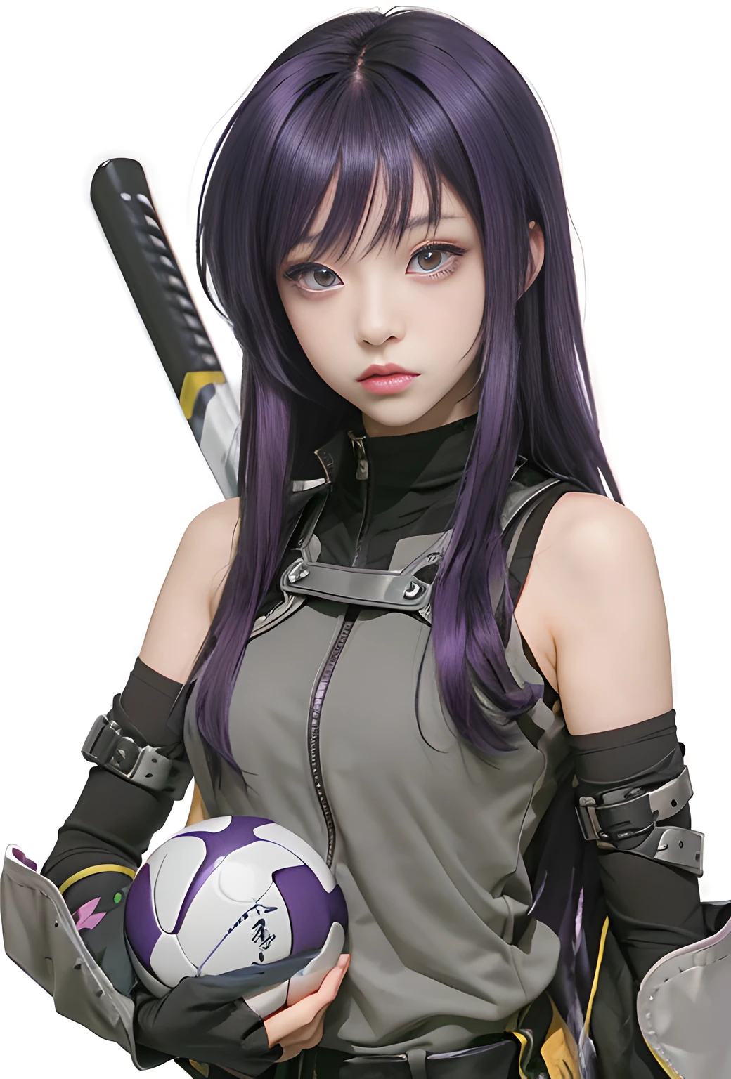 Close-up of the man holding the ball, purple hair, Misato Katsuragi, Kusanagi, Anime characters, female anime characters, Hinata Hinata, Naruto Hinata, portrait Ninja Dragon Kenden girl, as an anime character, Yuyushiki, inspired by Makihaku, an anime style character