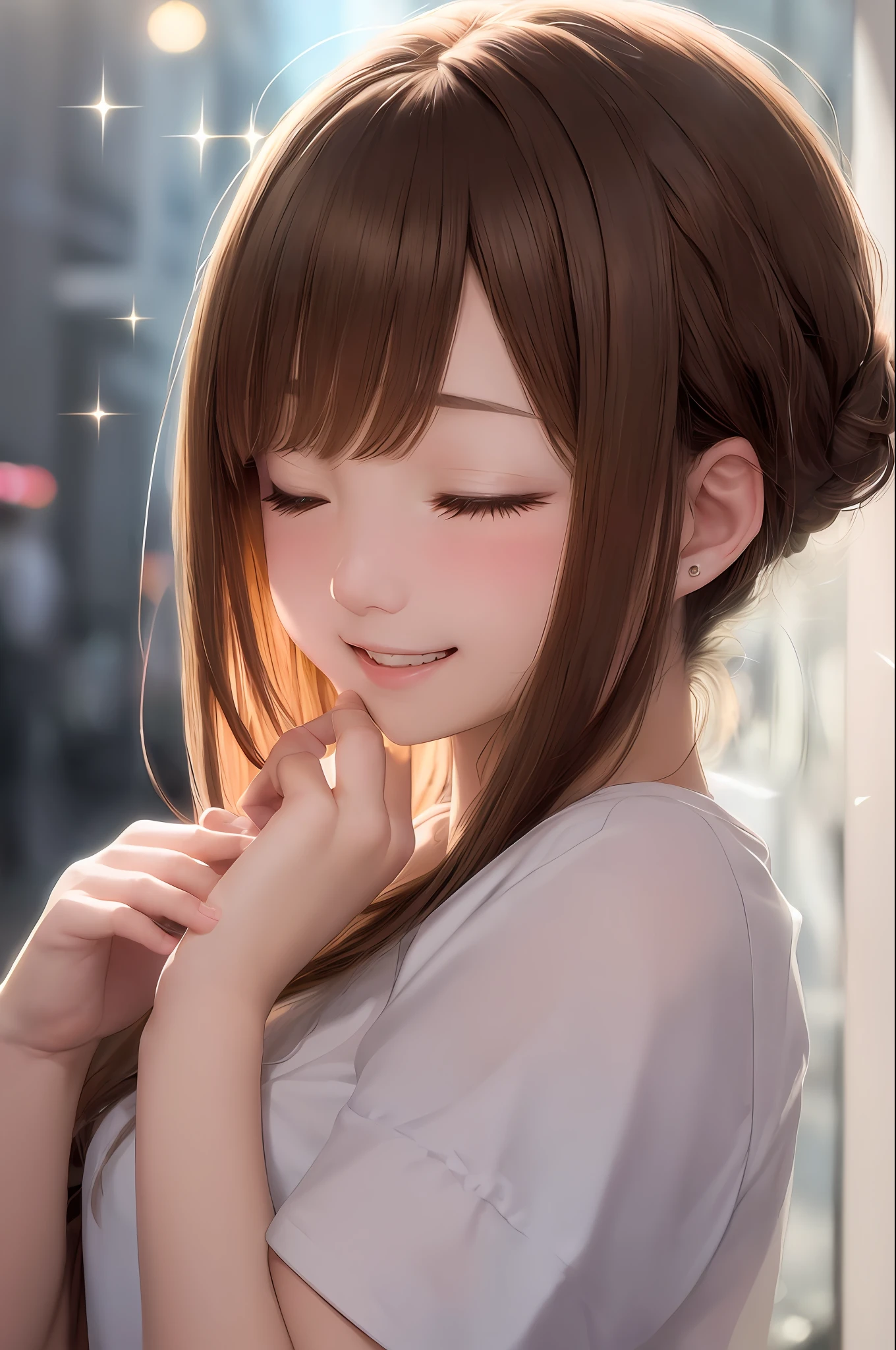 23
(smile) (very delicate and beautiful), (profile) (very delicate and beautiful), (hands in mouth) (shy smile) eyes closed, (background is bright) (t-shirt) (glitter), (fluffy hair), (dynamic angle, portrait), (brown hair), (embarrassment), shining pure white skin, depth of field、、、 random hair, (glitter), (one), cute girl,