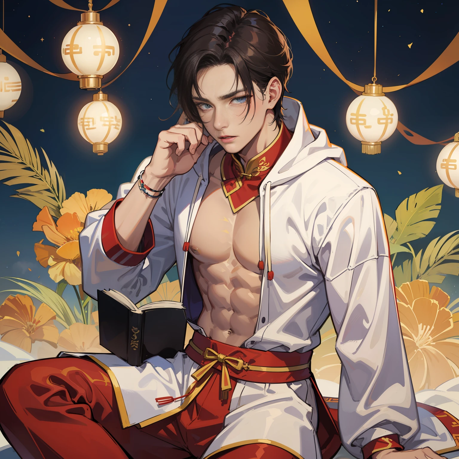 Muscular boy, masculine face, wild, masculine, valiant, handsome, rugged, rabbit-eared hoodie, modern Chinese traditional costume, fusion of ancient Chinese and modern, king of rappers, pectoral muscles, abs, cool atmosphere, sitting, solid posture, fashionista, stylish, colorful, individual, luxurious, Cantonese, singing, dancing, sky with stars shining like dreams, Book of quiet nights, starry sky blooming brightly, whispering dreams and the border of confusion, Cantonese pride, white clothes