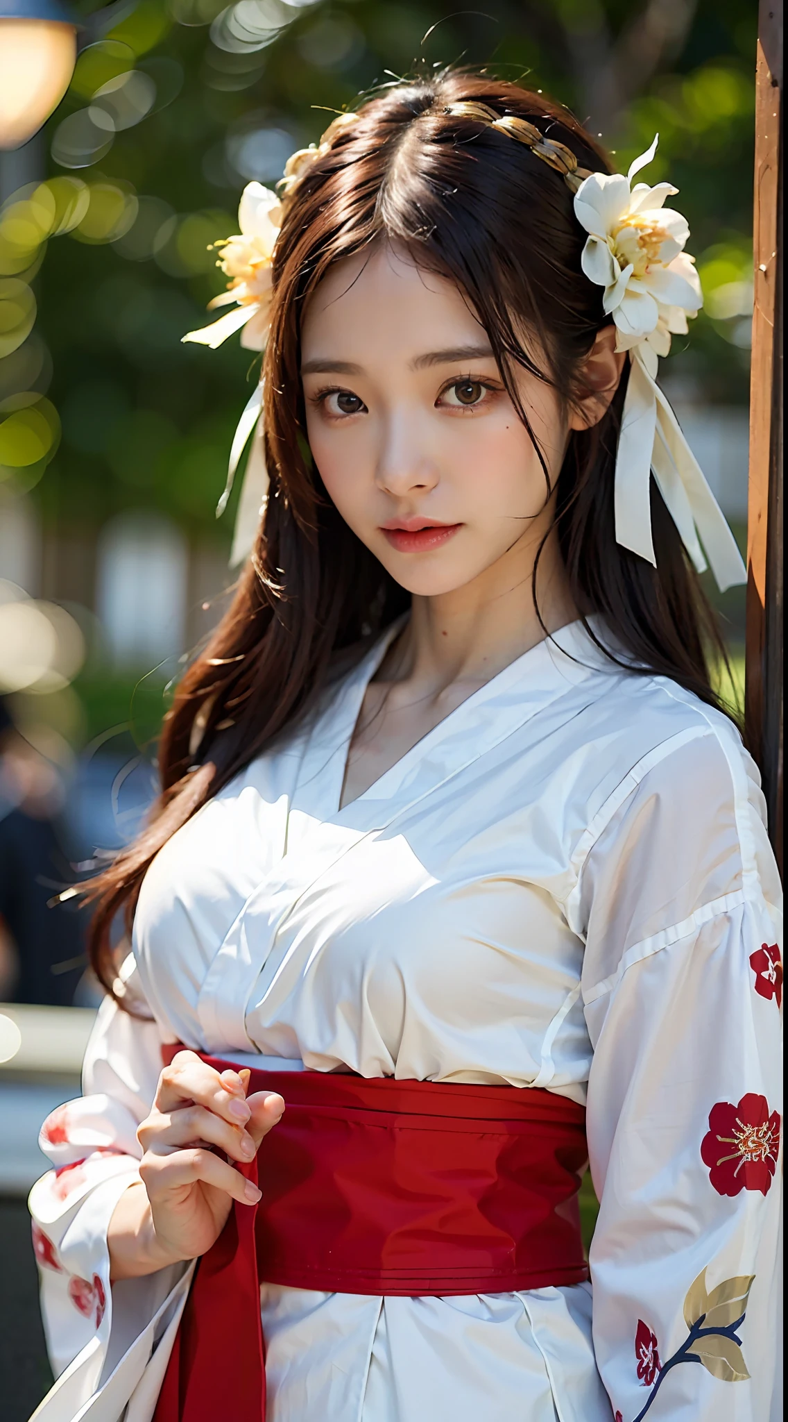 Masterpiece, 1 beautiful girl, detailed eyes, swollen eyes, top quality, super high res, (Reality: 1.4), cinematic lighting, Japanese, Asian beauty, Korean, very beautiful, beautiful skin, slender, body facing forward, (super realistic), (high res), (8K), (very detailed), ( best illustration), (beautifully detailed eyes), (super detailed), (wallpaper), detailed face, bright lighting, professional lighting, looking at viewer, facing straight ahead, Japanese princess, long hair, pureerosfaceace_v1, Orihime in Japanese Tanabata festival, Milky Way, countless stars floating in twinkling sky, night Japanese, galaxy, Japanese kimono (kimono, red, white), full body, feather hair ornament, accessories,
