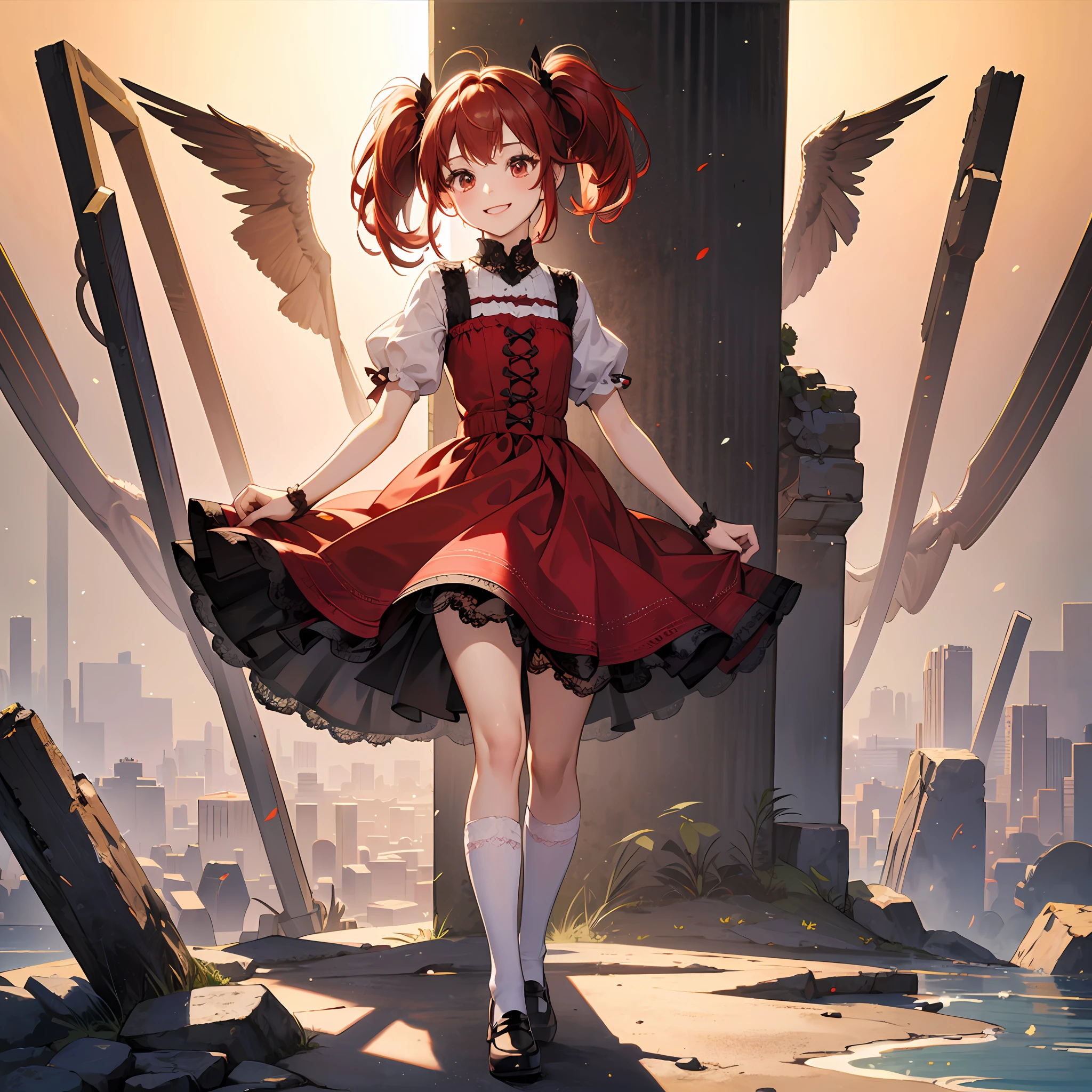 beautiful girl,red hair,lace clothes,two-dimensional illustration,goth loli,sweet loli,half twin tails,knee-high socks,big,super cute,(best quality),full body ,(masterpiece),(super detailed),one,red eyes,short hair,bright,big eyes,divine,natural light,smile --auto