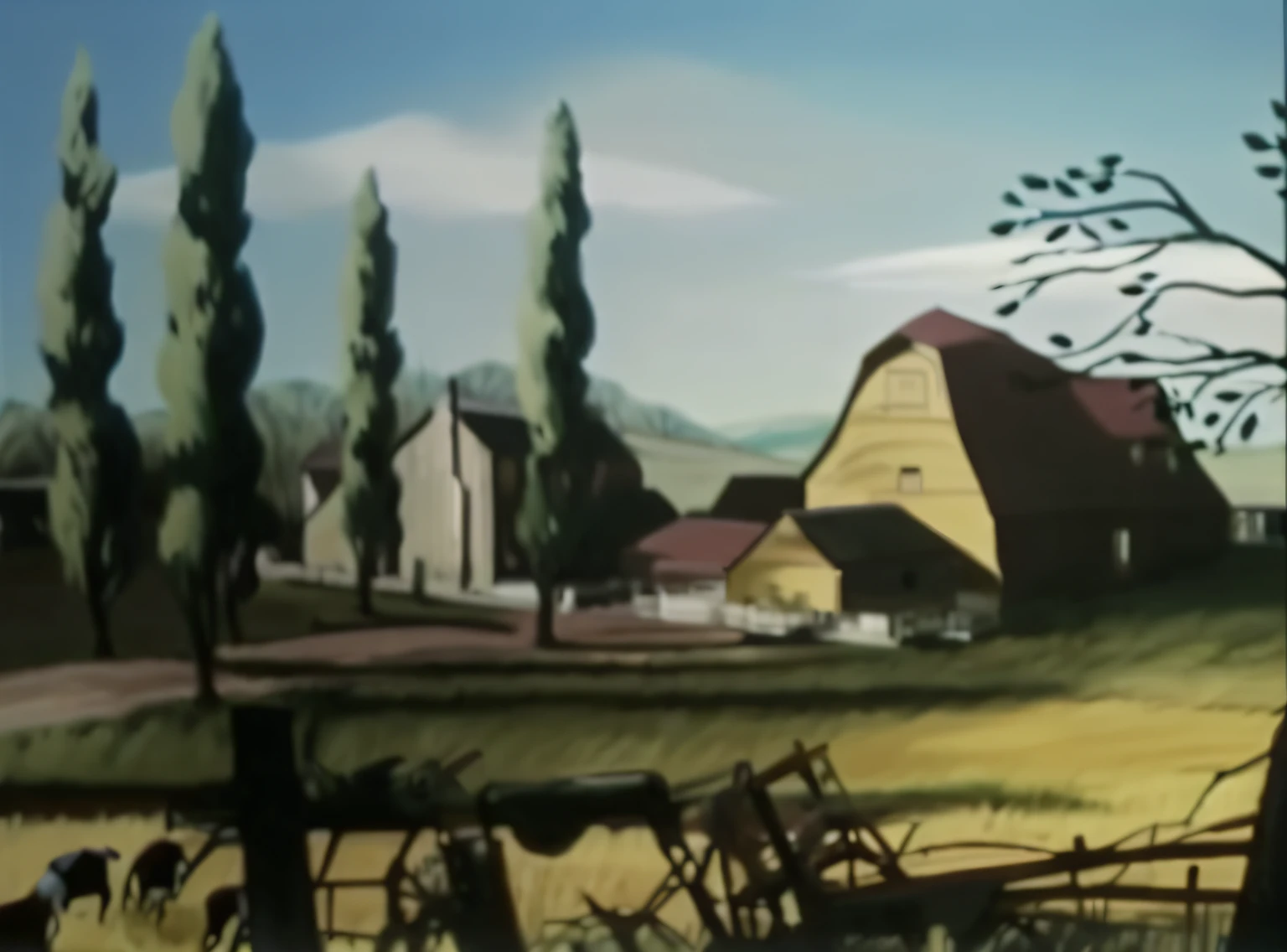 there is a painting of a farm with cows and a barn, animated film still, film still from an cartoon, animation film still, animated movie shot, animated movie scene, animation still screencap, 1 9 4 0 setting, cartoon still, animated still, post - war scenery, large scale scene, painting of landscape, scenery artwork, visually stunning scene