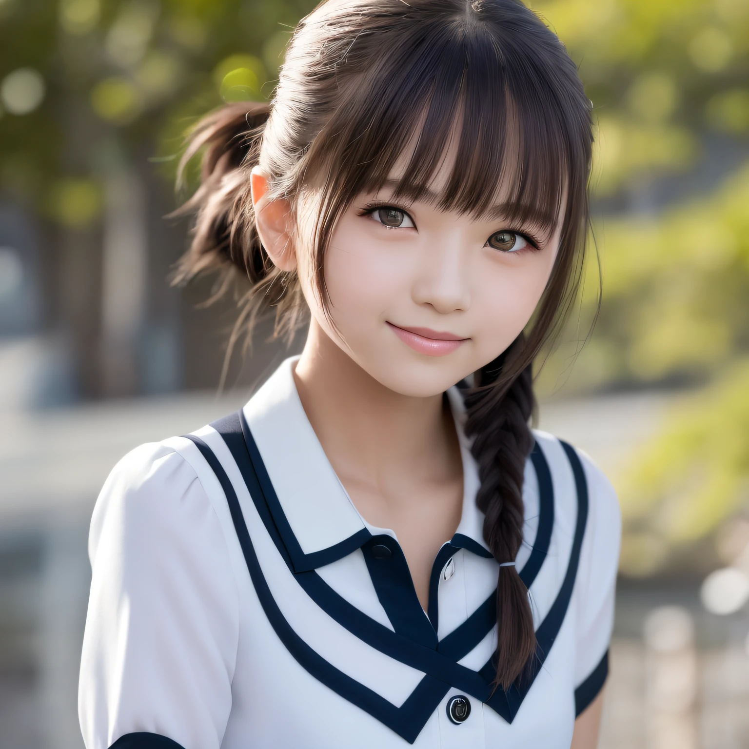 (Best Quality, Masterpiece), 1girl, Beautiful Girl, Cute, Smile, Toothless, Small, Shy, Blushing, Japan High School Girl Uniform Blouse, Teen, Cleavage, Light Background, Upper Body, Jade Eyes, Pigtails, Side Tails, Bangs, Highly Detailed Face and Skin Texture, Realistic Human Skin, Realism, Realistic Photography, Professional Color Correction, Natural Light, Watching Viewer, Depth of Field, Model Shooting Style,