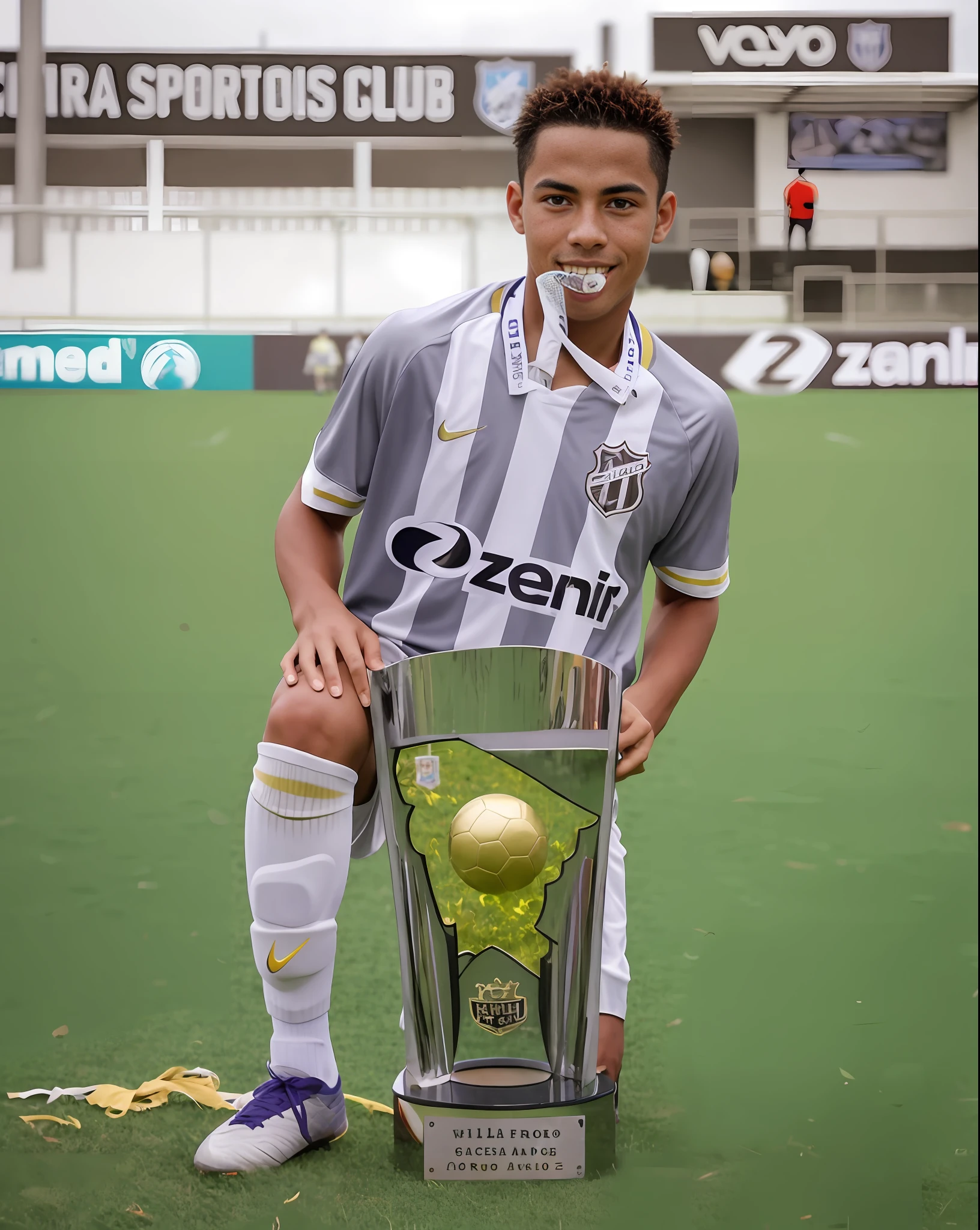 araffe soccer player holding a trophy on a field, mateus 9 5, inspired by Willian Murai, ronaldo fenomeno, gui guimaraes, caio santos, edu souza, icaro carvalho, ronaldo luis nazario da lima, ronaldo luis nazario de lima, inspired by Master of the Bambino Vispo, maximus jacobs