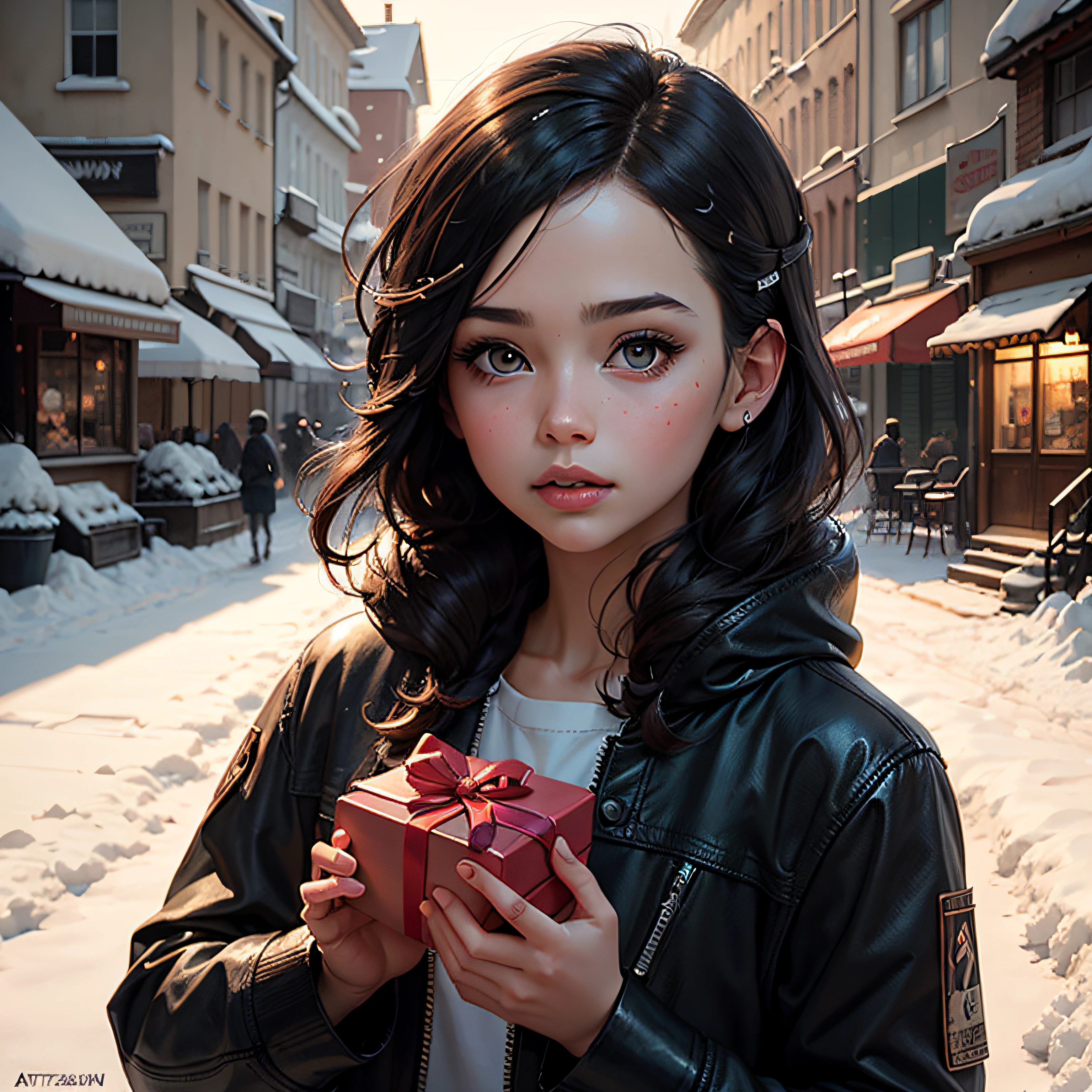 *********** in the snow, who holds a gift in his hands, artwork in the style of Guweiz, kawaii realistic portrait, ArtStation, Guweiz on ArtStation Pixiv, ****, cute, detailed digital art, adorable digital painting, Splash Art Anime ****, Guweiz, Artgerm and Atey Ghailan, colorful clothes --auto