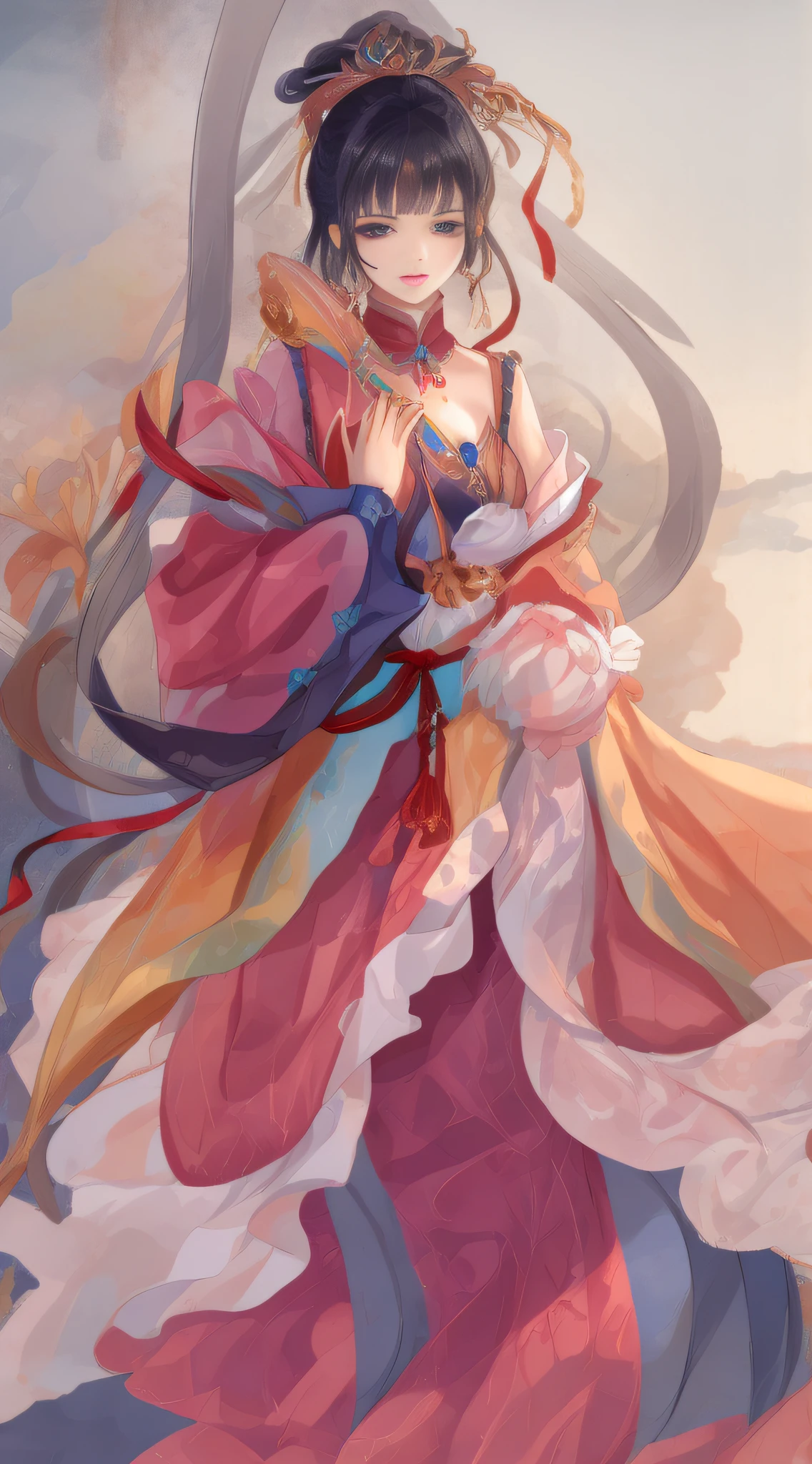 ((Cyberpunk style, robotic arm, holographic aura, surreal sci-fi art, futuristic sci-fi aesthetics)), 1 girl solo, close-up, (beautiful eyes), (ancient Chinese clothes, embroidered pleated skirt, embroidered collar Uesugi, large sleeves, streamers), (hairpins), (hanfu), (clear facial features, detailed skin texture, pretty face), (8k, raw photos, best quality, masterpiece: 1.2), (realistic, photo fidelity: 1.4), (very detailed CG Unity 8k wallpaper), full body, (neon: 1.4)