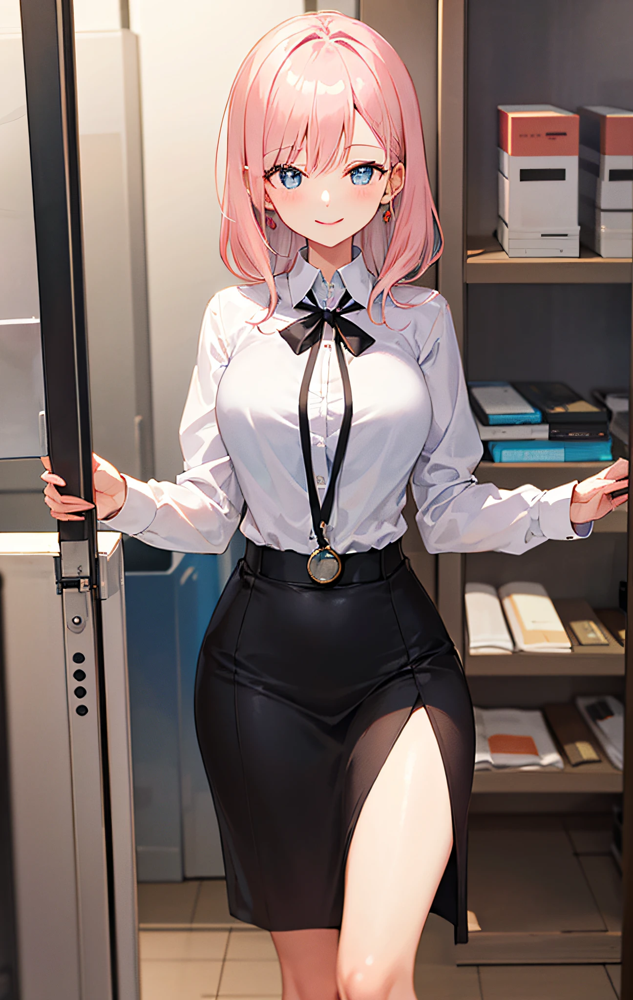 ((masterpiece, best)),(1girl),((mature woman)), light pink hair, dizzy, trumpet, ((office lady)), bangs, mid-chest, (full), slim, smiling, [wide hips] ,office,standing, aru \(blue archive\),