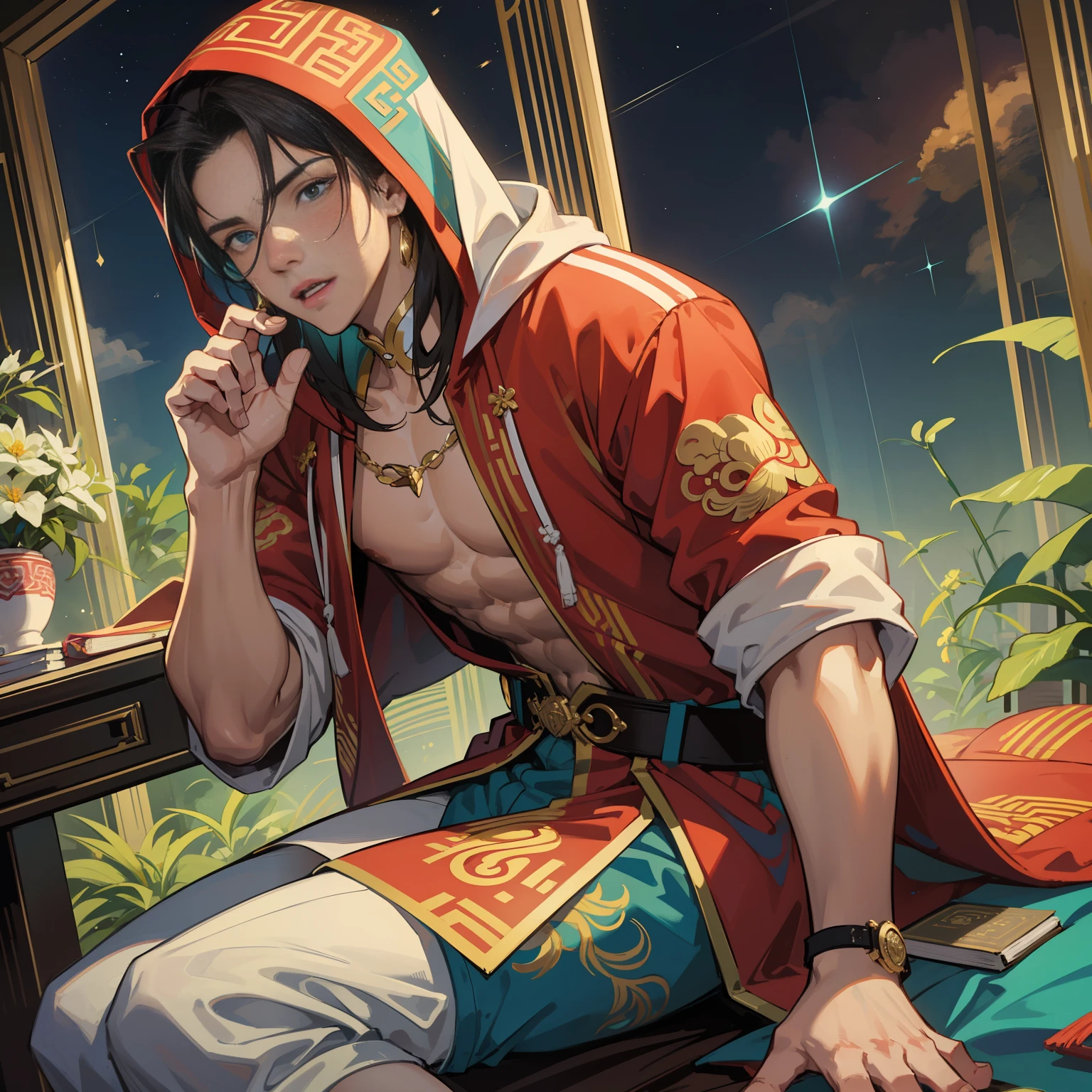 muscular boy, masculine face, wild, masculine, valiant, handsome, rugged, hoodie, modern chinese traditional costume, fusion of ancient Chinese and modern, king of rappers, pectoral muscles, abs, cool atmosphere, sitting, solid posture, fashionista, stylish, colorful, individual, luxurious, Cantonese, singing, dancing, sky with stars shining like dreams, Book of Quiet Night, Starry Sky Blooming Brightly, Whispering Dreams and Confusion Border, Cantonese Pride, Turquoise Blue