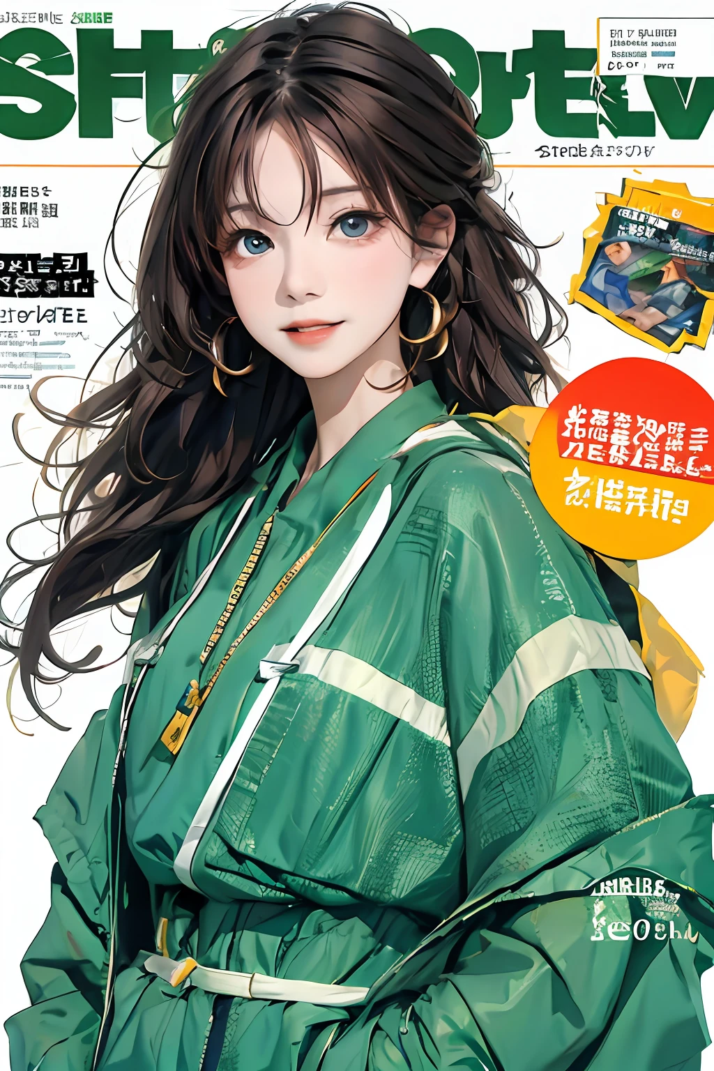 masterpiece, best quality, spring outfit, colorful hair, outdoor, magazine cover ,upper body,