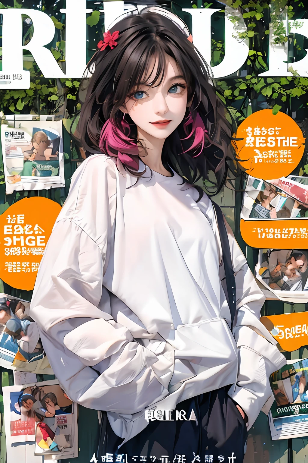 masterpiece, best quality, spring outfit, colorful hair, outdoor, magazine cover ,upper body,