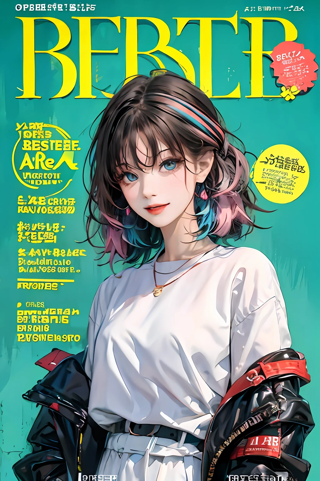 masterpiece, best quality, spring outfit, colorful hair, outdoor, magazine cover ,upper body,