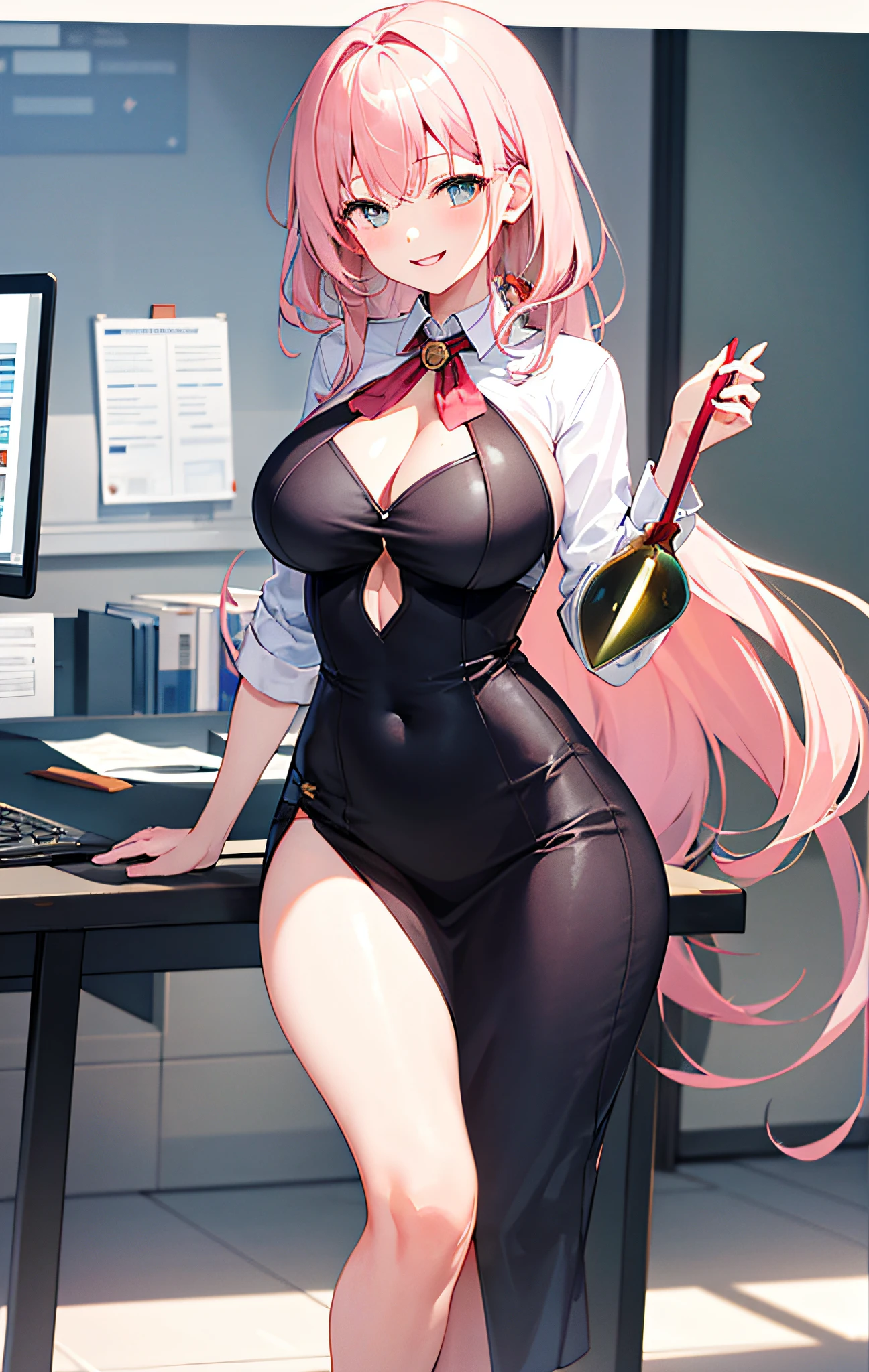 ((masterpiece, best)),(1girl),((mature woman)), light pink hair, dizzy, trumpet, ((office lady)), bangs, mid-chest, (full), slim, smiling, [wide hips] ,office,standing, aru \(blue archive\),