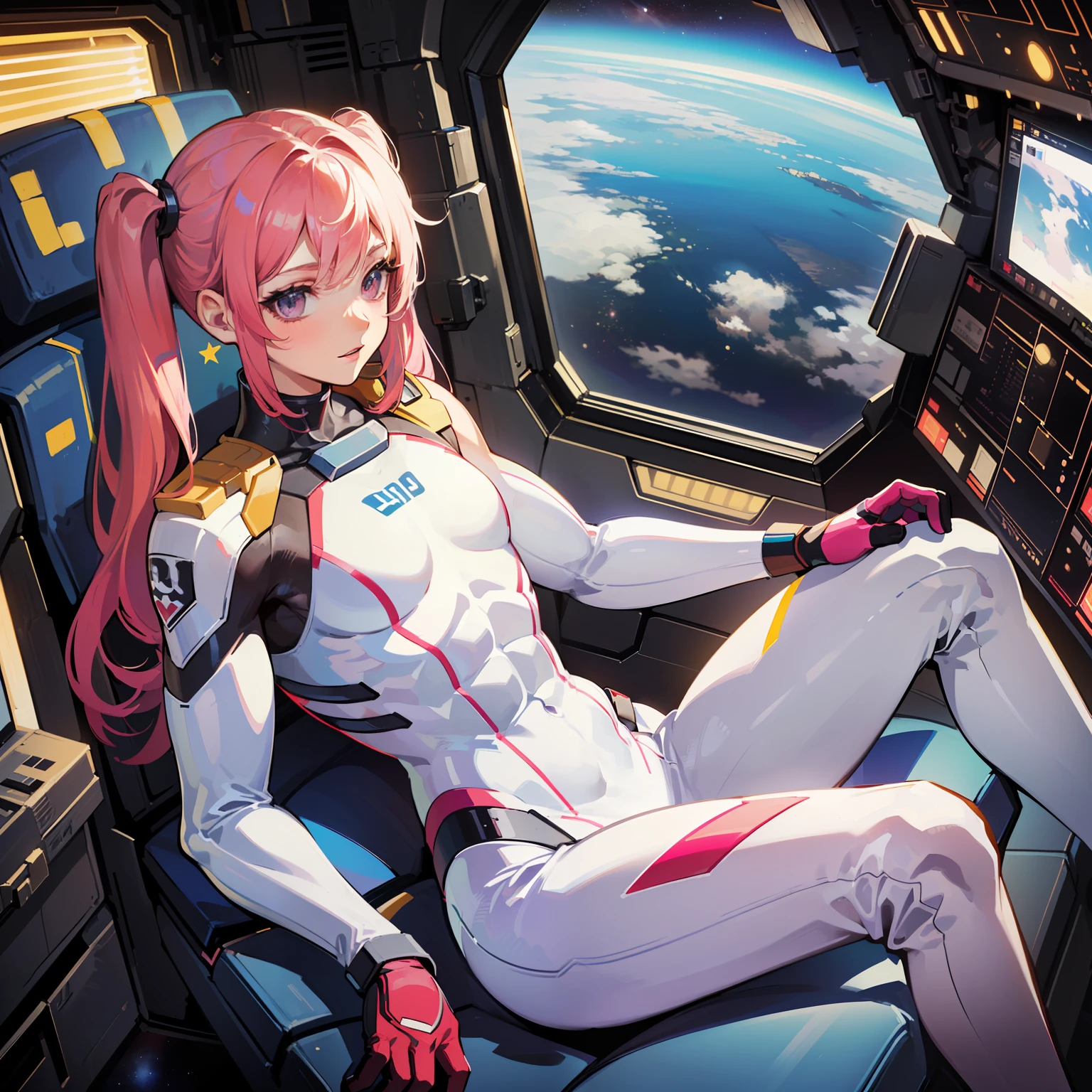 ((Masterpiece)), ((Highest image quality)), (Highest image quality)), (((Illustration of one adult)), Full body, (((25 years old)), (Face is female, Body is male)), (Pink hair twintails)), Light gray eyes, (((Tall)), ((Flat)), (Small breasts), (Muscular strong man's body)), (Muscular strong man's body)), (Muscular chest plate)), Abs, (( Muscular and thick arms)), (((muscular and thick legs)), ((manspreading)), open legs, ((white pilot suit)), ((in the cockpit)), (space on the monitor, Earth seen from space, spaceport)