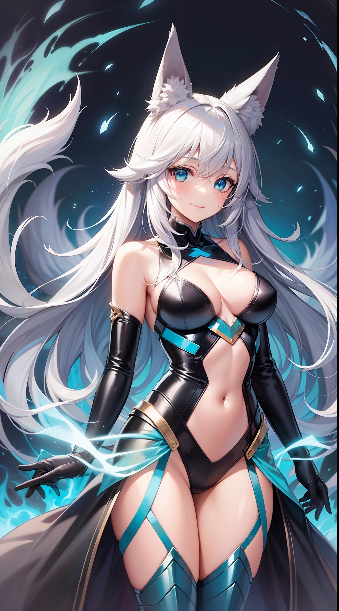 Young girl, long white hair, turquoise eyes, blue superhero costume, fox ears, fox tail, blue fire, smile, masterpiece, high quality