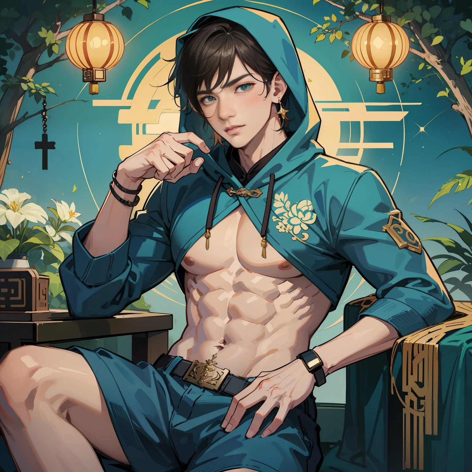muscular boy, masculine face, wild, masculine, valiant, handsome, rugged, hoodie, modern chinese traditional costume, fusion of ancient Chinese and modern, king of rappers, pectoral muscles, abs, cool atmosphere, sitting, solid posture, fashionista, stylish, colorful, individual, luxurious, Cantonese, singing, dancing, sky with stars shining like dreams, Book of Quiet Night, Starry Sky Blooming Brightly, Whispering Dreams and Confusion Border, Cantonese Pride, Turquoise Blue