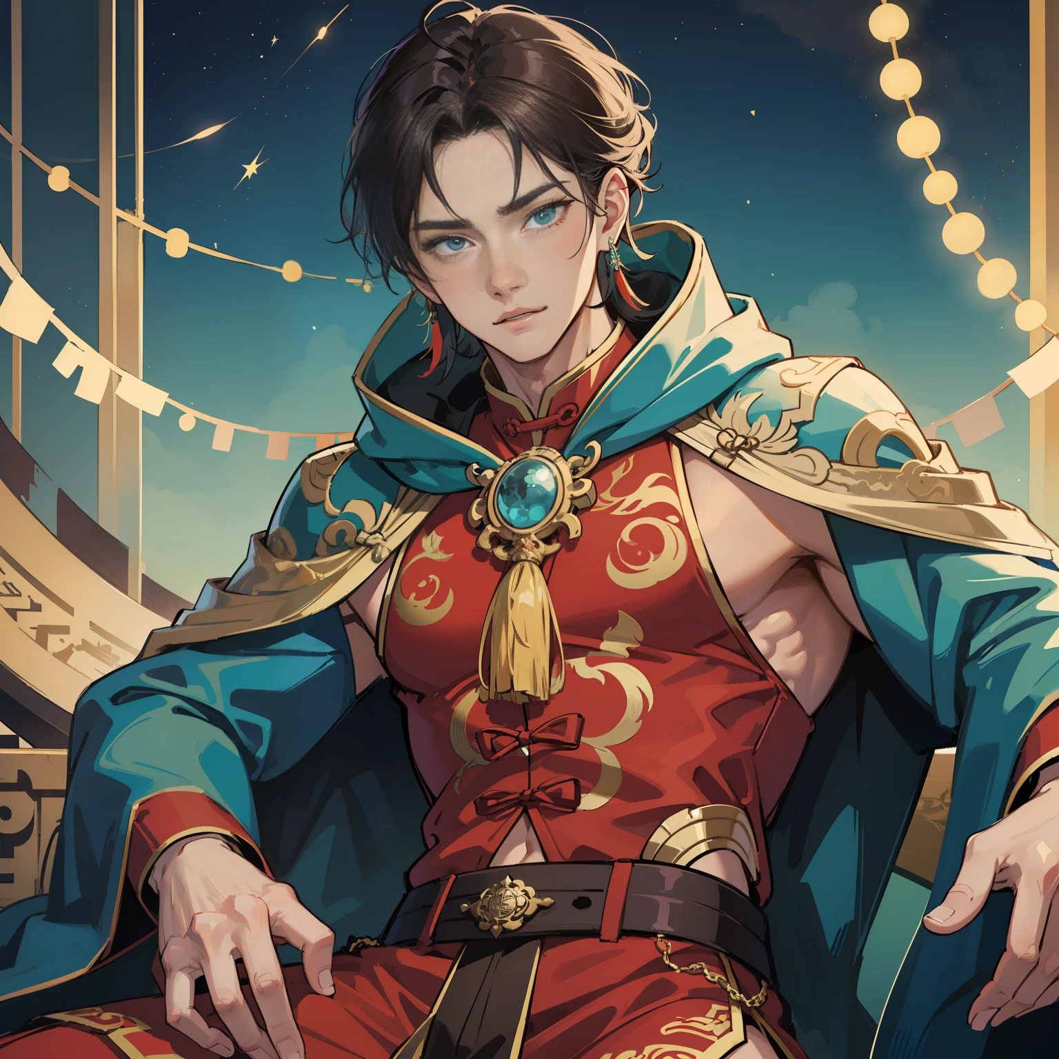 muscular boy, masculine face, wild, masculine, valiant, handsome, rugged, hoodie, modern chinese traditional costume, fusion of ancient Chinese and modern, king of rappers, pectoral muscles, abs, cool atmosphere, sitting, solid posture, fashionista, stylish, colorful, individual, luxurious, Cantonese, singing, dancing, sky with stars shining like dreams, Book of Quiet Night, Starry Sky Blooming Brightly, Whispering Dreams and Confusion Border, Cantonese Pride, Turquoise Blue