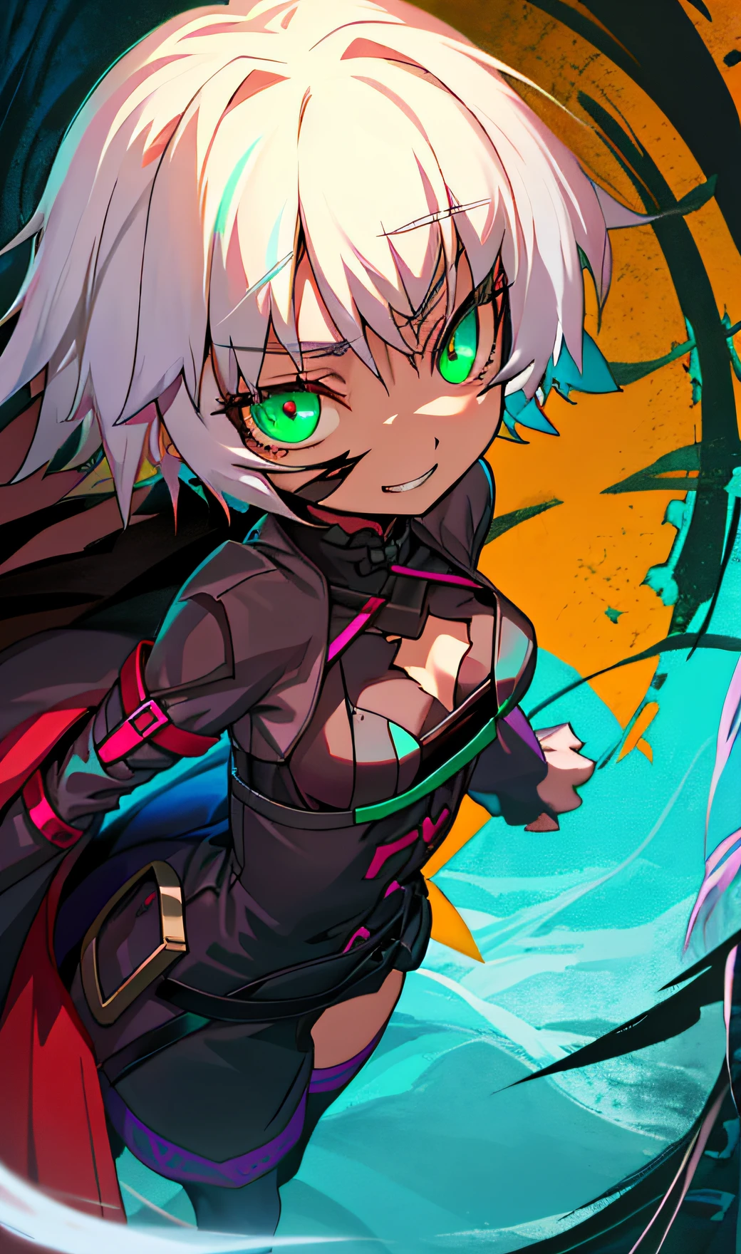 Cartoon image of woman with white hair and green eyes ((white hair)), badass pose, rogue grin, female action anime girl, female anime character, seductive anime girl, black torn big long coat, , (((small breasts)), Jack the Ripper in FGO
