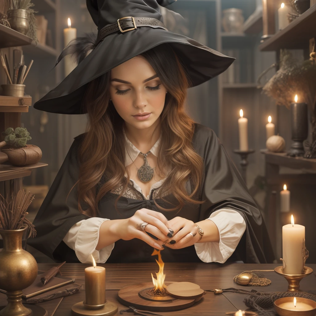Witch at work, black hair, 5 fingers, masterpiece, many details,