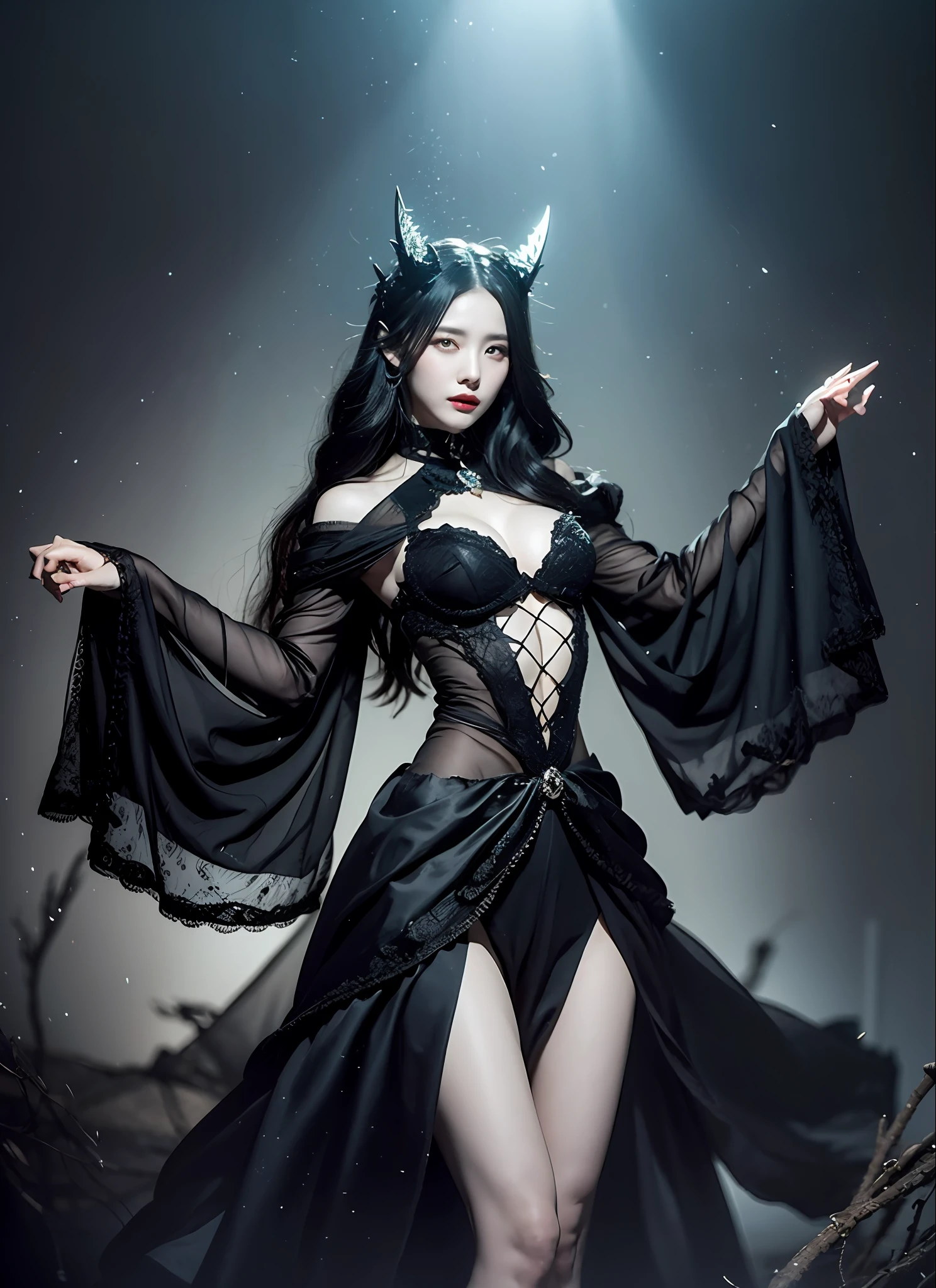Generate works of women with strong fantasy elements in a dark and mad world with a focus on black in high quality. She has an eerie and charming figure and is dressed in a full-body black fashion style. The background is a fantastic fantasy world, where magical lights dance, strange creatures and magical plants are present. Her figure is mysterious, with a dark and mad vibe in harmony with the essence of fantasy. The effects of light and shadow are skillfully expressed, and the details, faces and expressions of the black costumes are meticulously drawn, further emphasizing the fantasy element. The overall atmosphere is mysterious and enchanting, yet it has its own artistic touch. The work is vividly projected in blacks and dark tones, evoking visual stimuli and aesthetics, and giving the viewer an interest and mysterious charm. We create high-quality works that weave fantasy elements into a dark and mad worldview.