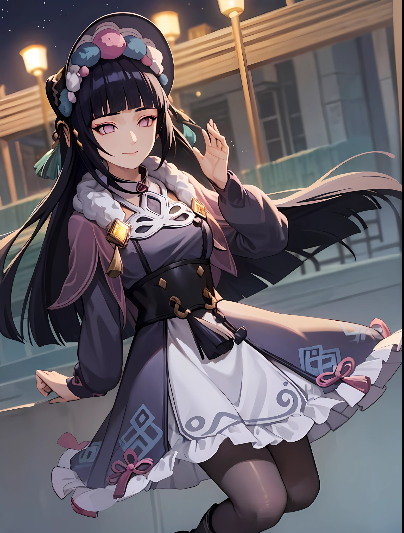 ((masterpiece:1.2)), best quality, (pretty face), dramatic lighting,1girl, solo, blunt bangs, hime cut, black corset, dark blue hair, collar, mascara, long hair, sidelocks, floating hair, looking at viewer, (makeup), pink capelet, qi ta, purple eyes, puffy long sleeves, bonnet, purple dress, (large breasts), (under bust), light smile, hand up, skirt, (purple pantyhose), (wind blowing skirt), anime screencap, (night sky), east asian architecture, Liyue, tassel, black footwear, (half closed eyes), genshin impact, boots, (full body view), (purple eyes:1.3), hyuuga hinata as liyue