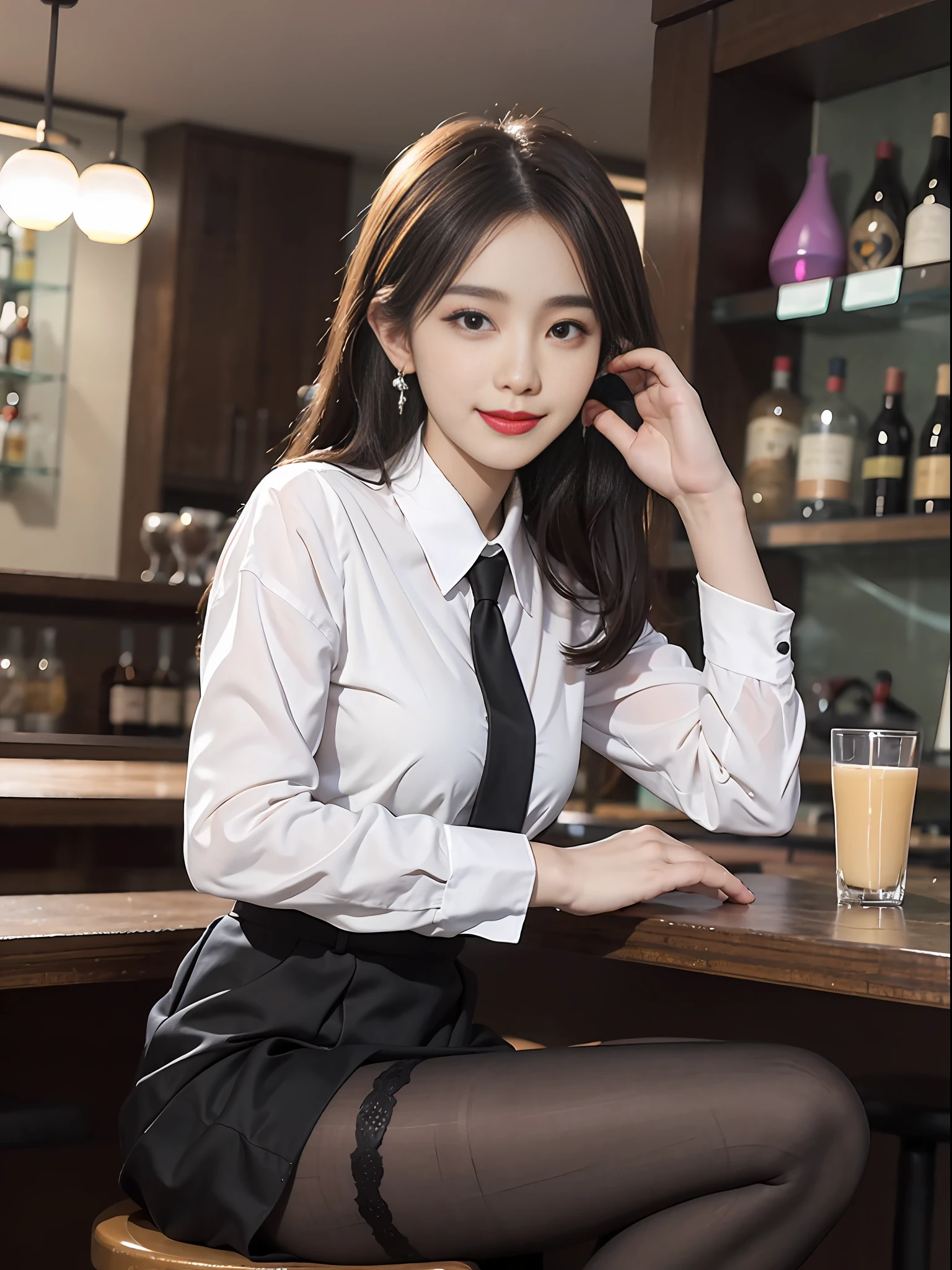 Exquisite, masterpiece, beautiful details, colorful, delicate details, delicate lips, intricate details, large breasts, 1 female, (a beautiful 20-year-old cute Korean woman: 1.1), (kpop idol, Korean mixed), (50mm Sigma f/1.4 ZEISS lens, F1.4, 1/800s, ISO 100, photograpy:1.1), (brunetize: 1.2), (photorealistic:1.4 ), (SPY:1.2), (Open Jacket,Shirt, Skirt,Tie,Black Pantyhose,Christian Louboutin\(Brand\),:1.3), Earrings, Necklace, Armbands, (Tavern, Bar:1.2), (Beautiful Legs, High Girl, Skinny, slim_legs, thigh_gap, Model:1.2), Lens flare, viewed from the front, (Happy smile: 1.1), dynamic pose, (makeup: 1.2), sitting on a bar stool,