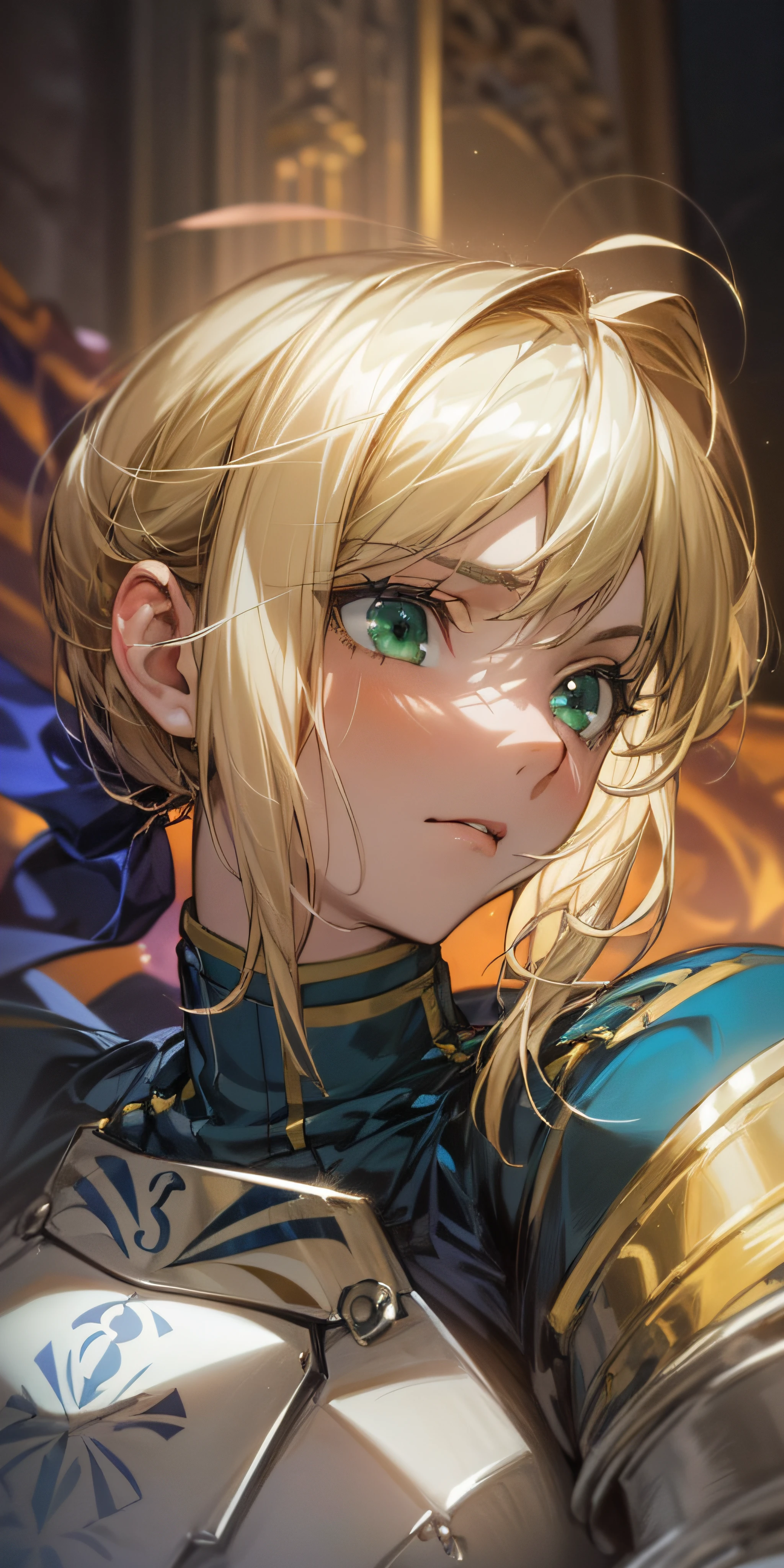 Artoria Pendragon \ (Destiny\, Masterpiece, Best Quality, High Resolution, Ultra Detailed, Art Book, Anime Coloring, CG, Illustration, Fantasy, 1 Girl, Solo, Male Focus, Looking at the Audience, Artoria Pendragon \ (Destiny\), Armor, Detailed Beautiful Face and Eyes, Gentle Moonlight ,Warm Environment, Capable and slender Figure, Dexterous Dynamics, The dim light around the girl gathers on the maiden, blonde hair, green eyes, a sense of holiness, clean, hardworking, determined eyes