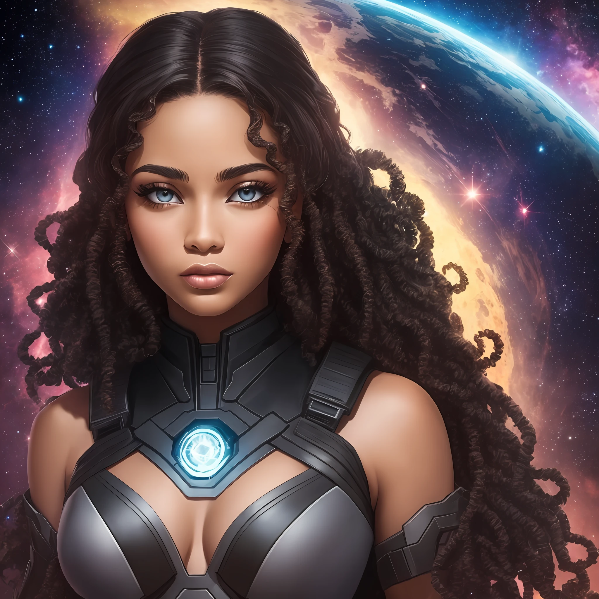 A beautiful brown woman, with curly black hair, black eyes, galactic war background, futuristic --auto