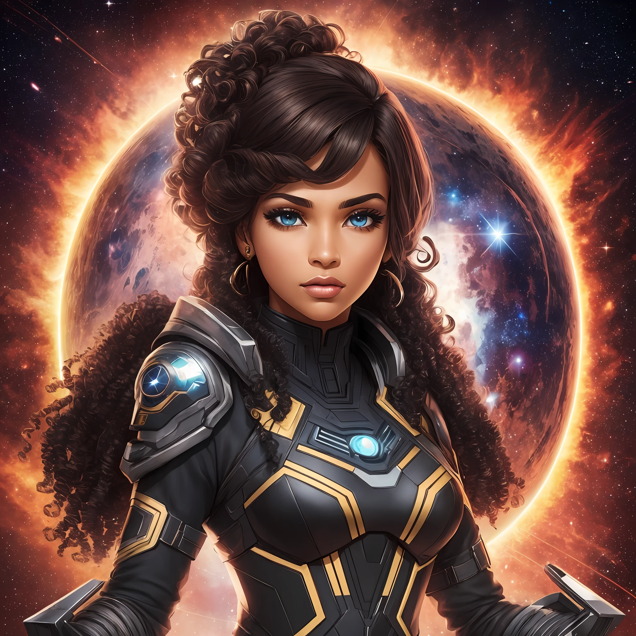 A beautiful brown woman, with curly black hair, black eyes, galactic war background, futuristic --auto