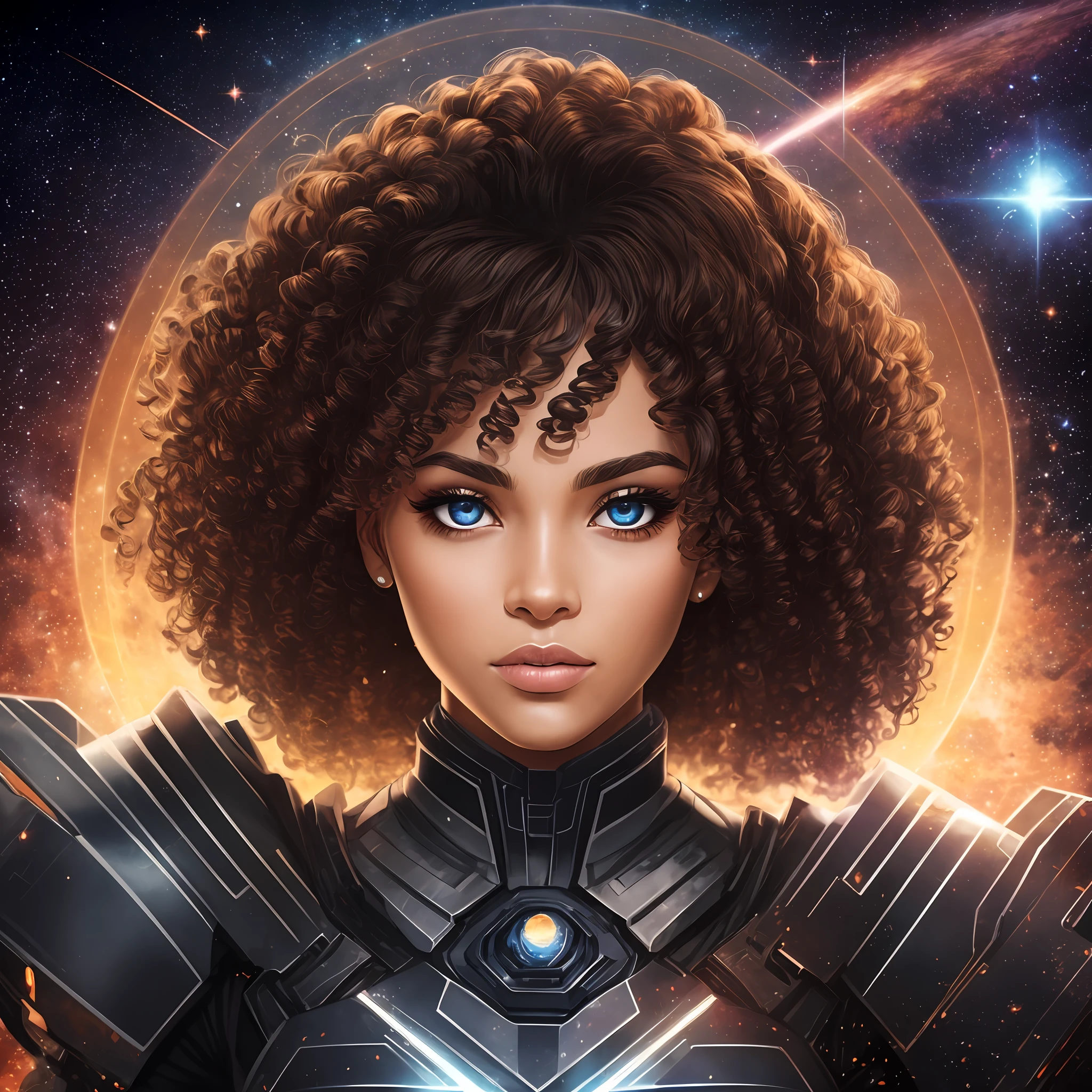 A beautiful brown woman, with curly black hair, black eyes, galactic war background, futuristic --auto