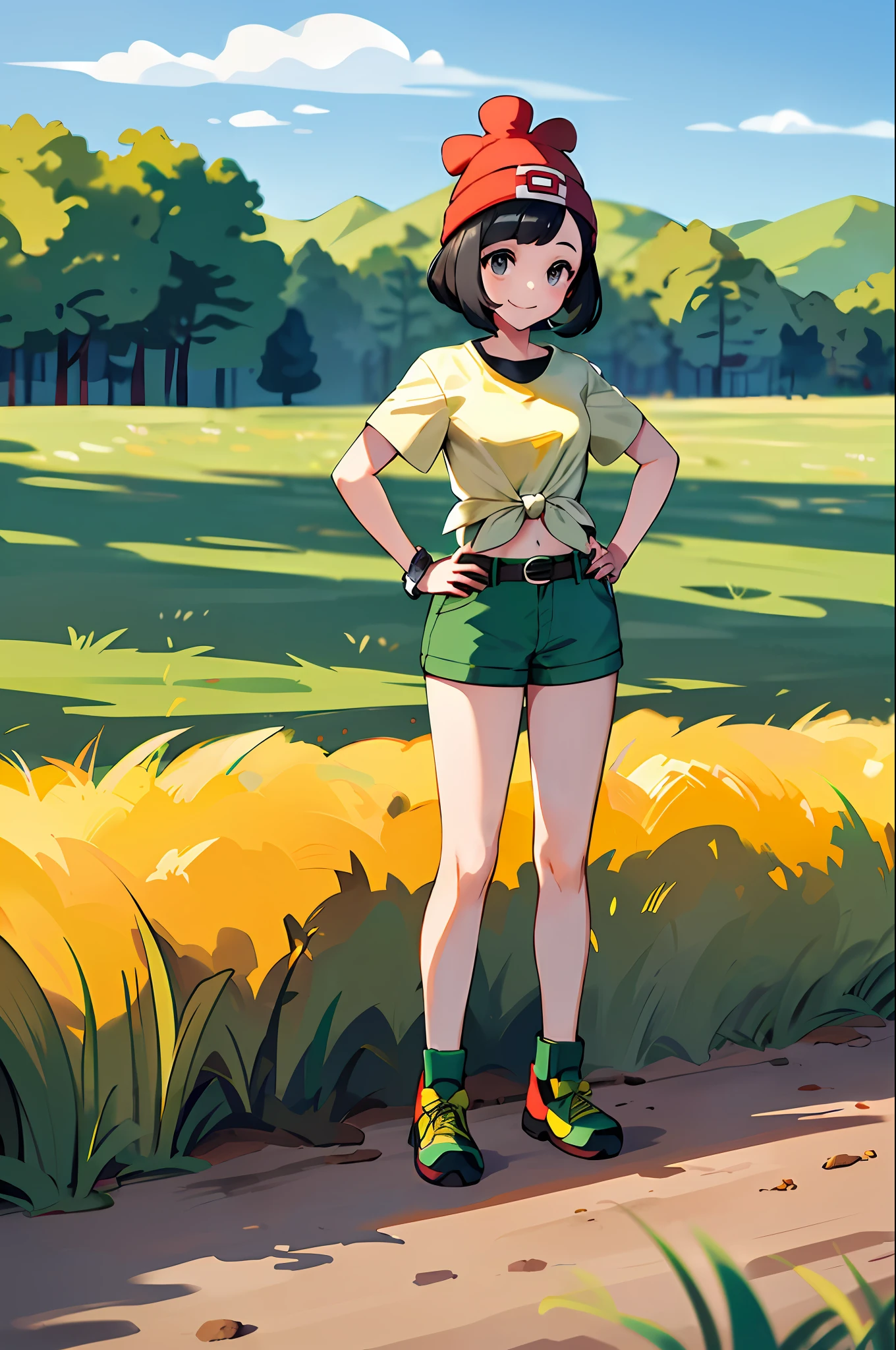 Masterpiece, Best Quality, High Resolution, Selene 1, 1 Girl, Selene 1, 1 Girl, Selene (Pokemon\), Solo, Grey Eyes, Black Hair, Green Shorts, Red Hat, Beanie, Shirt, Tied Shirt, Floral, Short Hair, Short Sleeve, Short Pants, Stripes, Yellow Shirt,Navel Out, Belt, Grass, Field, Smile, Have a Pokeball, Put your hands on your hips, Pokeball \(basic\),((Full body)), upright, ((()))), (((8years old-14years girl, fronte